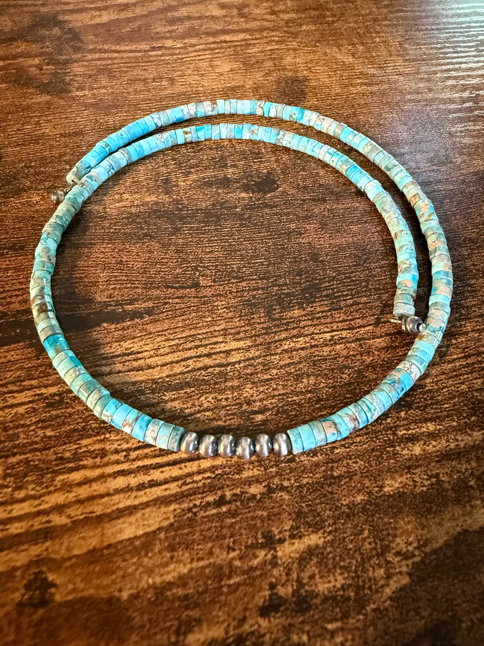 Kingman Turquoise and Sterling Pearls Choker Wire Beaded Necklace Wild West Boho