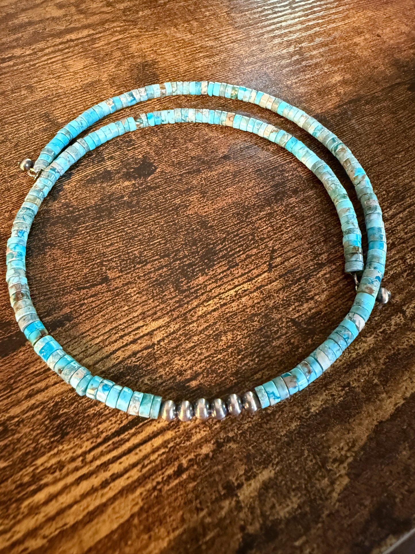 Kingman Turquoise and Sterling Pearls Choker Wire Beaded Necklace Wild West Boho
