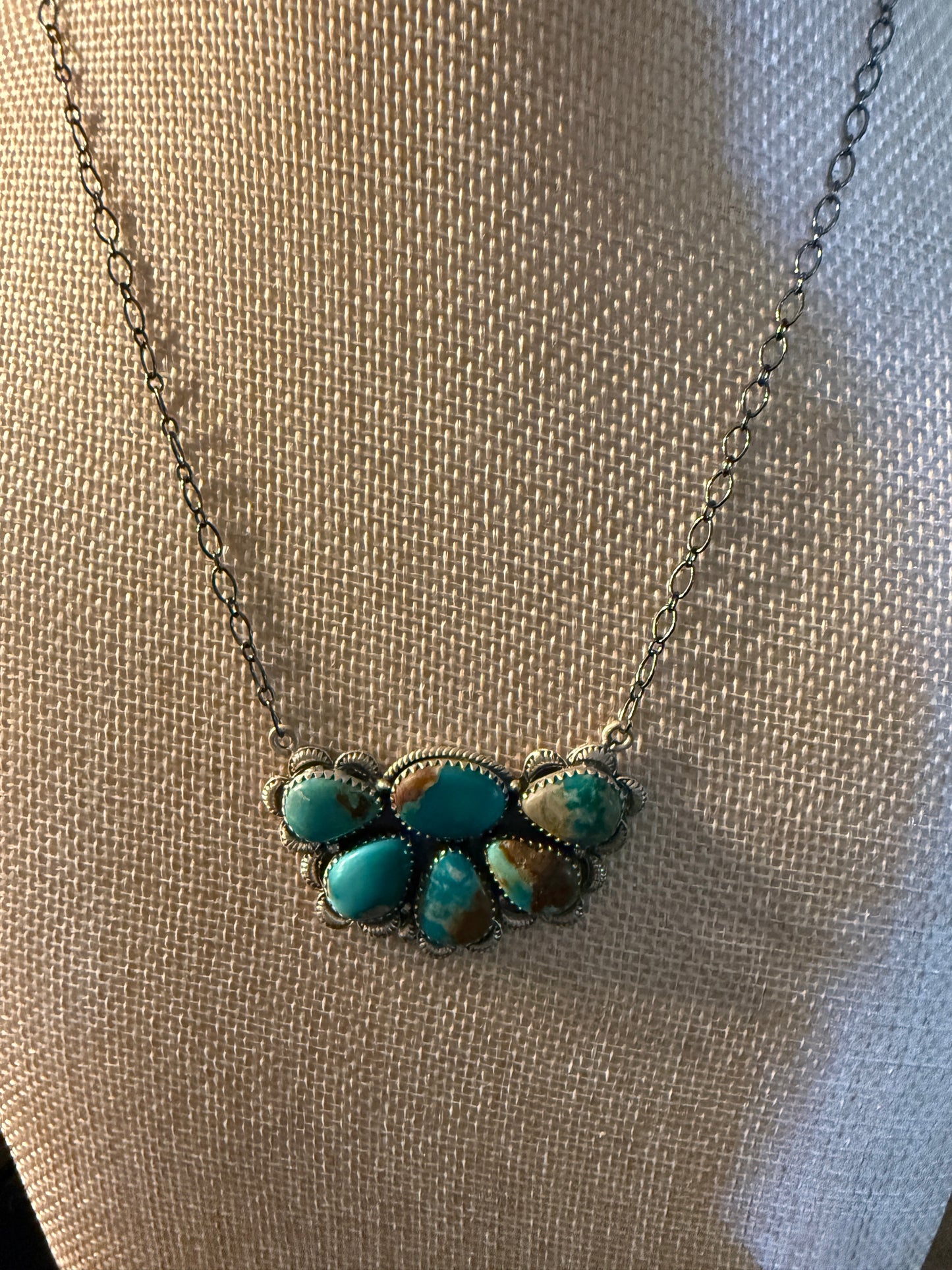 Fox Turquoise Gemstone Half Cluster Necklace, Sterling Silver, 18 Inch Chain Wild West Boho