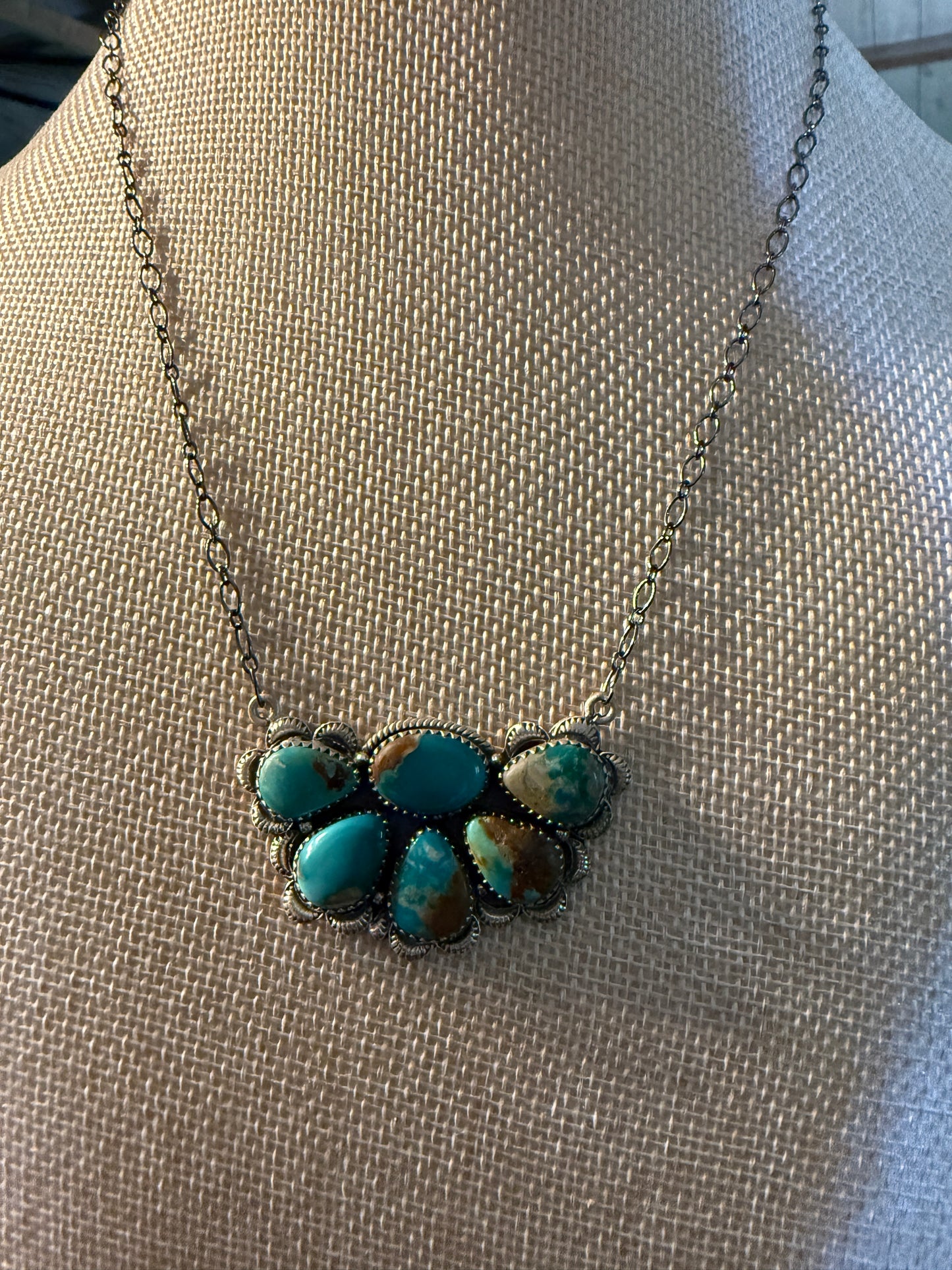 Fox Turquoise Gemstone Half Cluster Necklace, Sterling Silver, 18 Inch Chain Wild West Boho