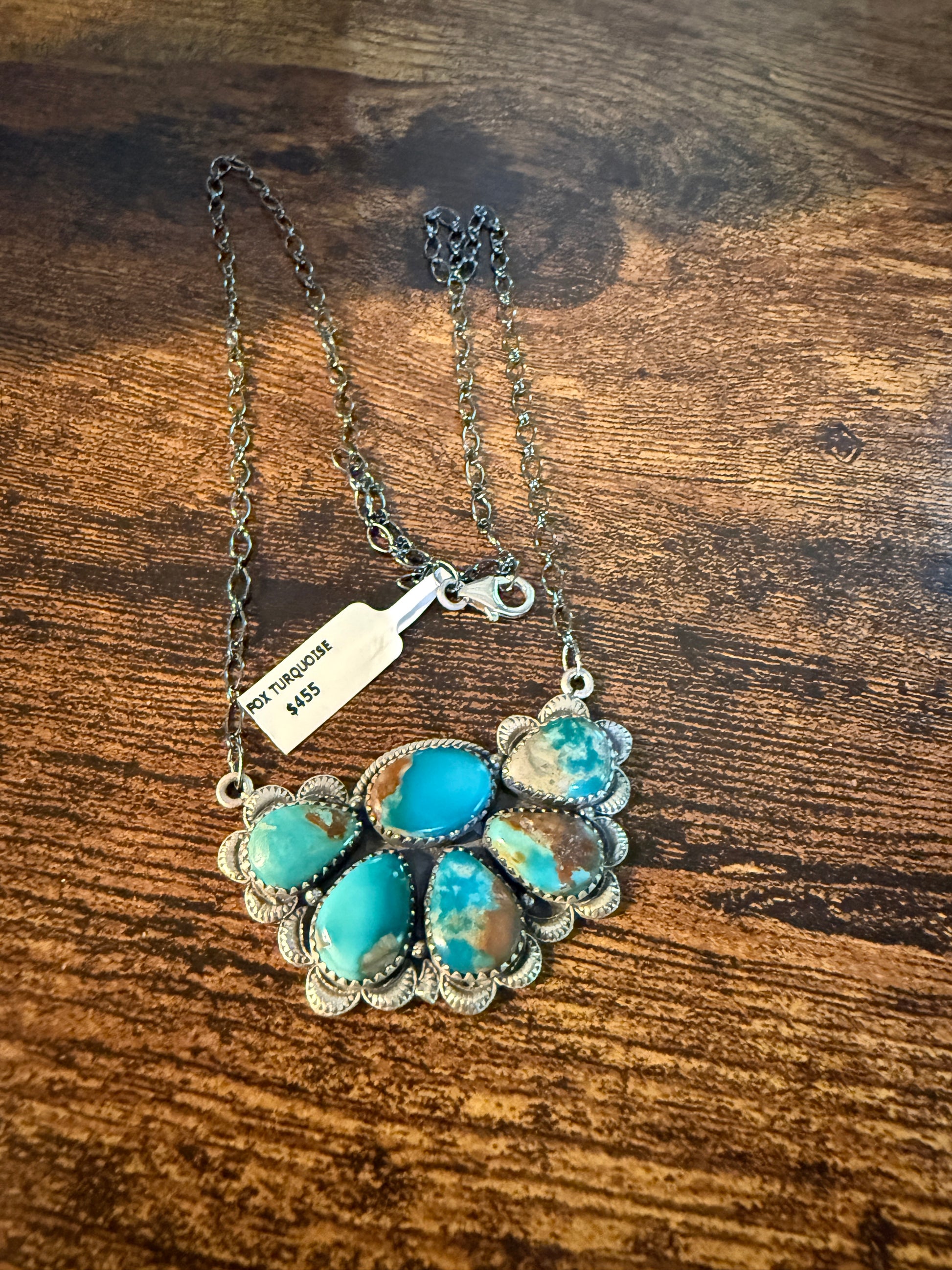 Fox Turquoise Gemstone Half Cluster Necklace, Sterling Silver, 18 Inch Chain Wild West Boho