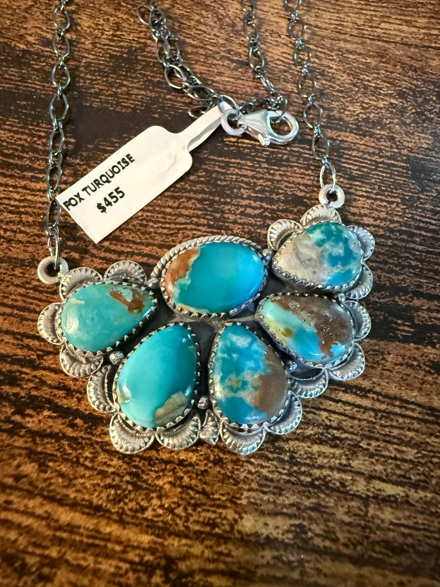 Fox Turquoise Gemstone Half Cluster Necklace, Sterling Silver, 18 Inch Chain Wild West Boho