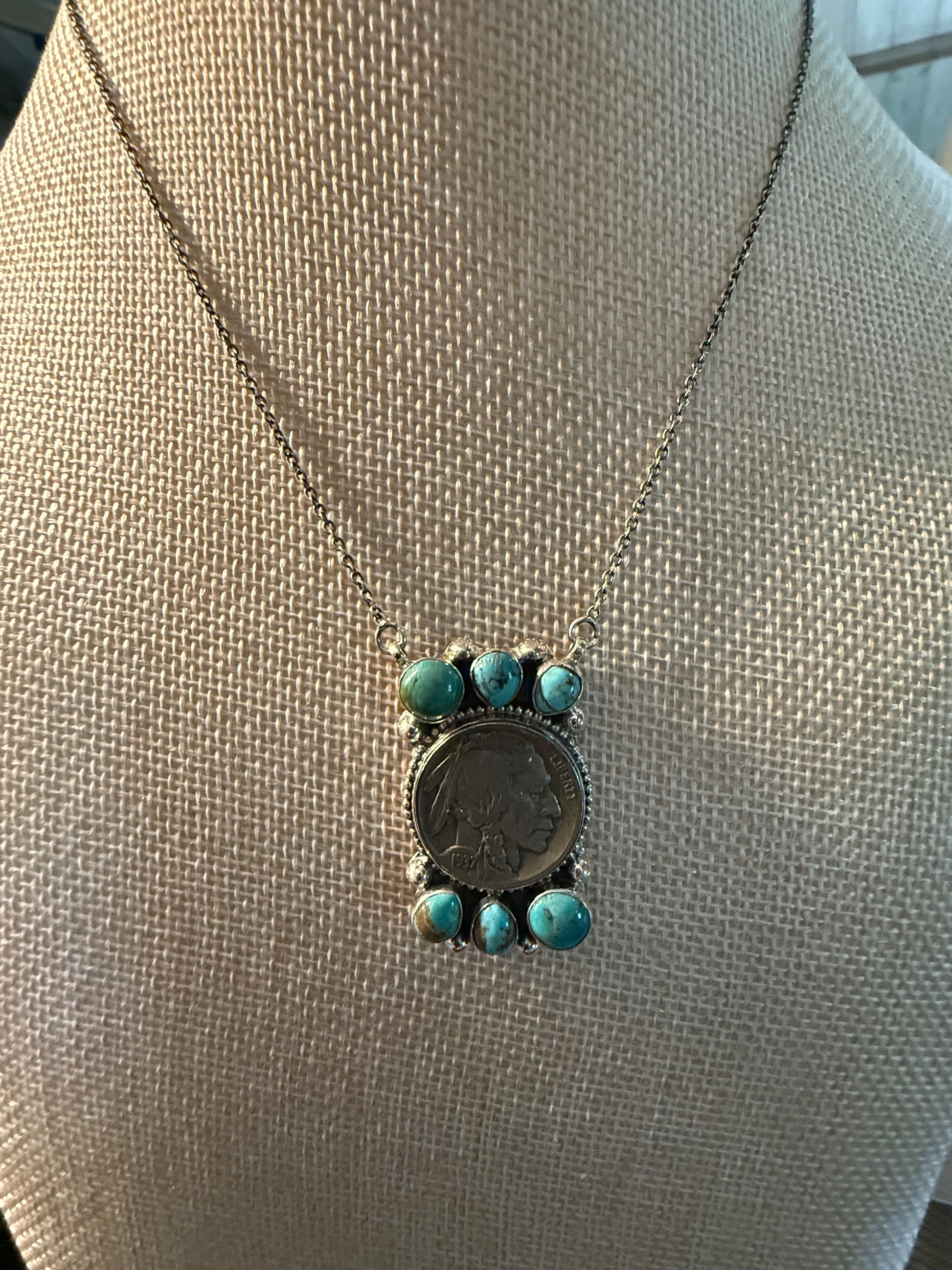 Indian Head Kingman Turquoise Sterling Silver Necklace, 18 Inch Chain Wild West Boho