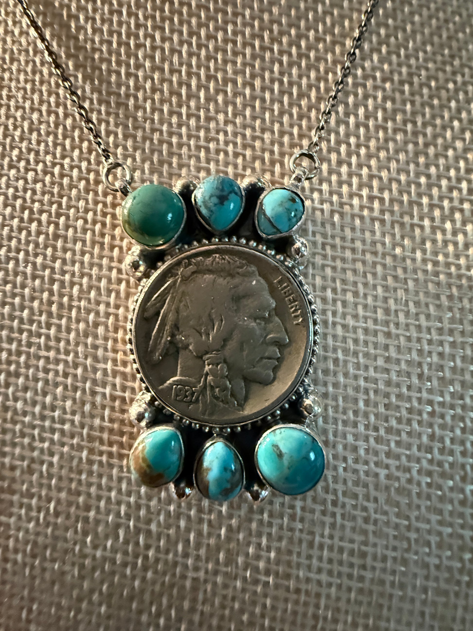 Indian Head Kingman Turquoise Sterling Silver Necklace, 18 Inch Chain Wild West Boho