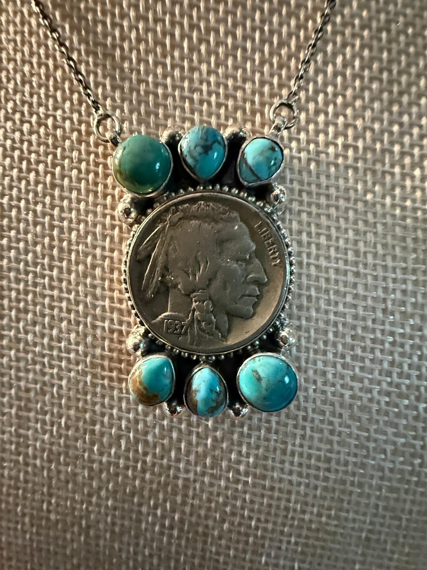 Indian Head Kingman Turquoise Sterling Silver Necklace, 18 Inch Chain Wild West Boho