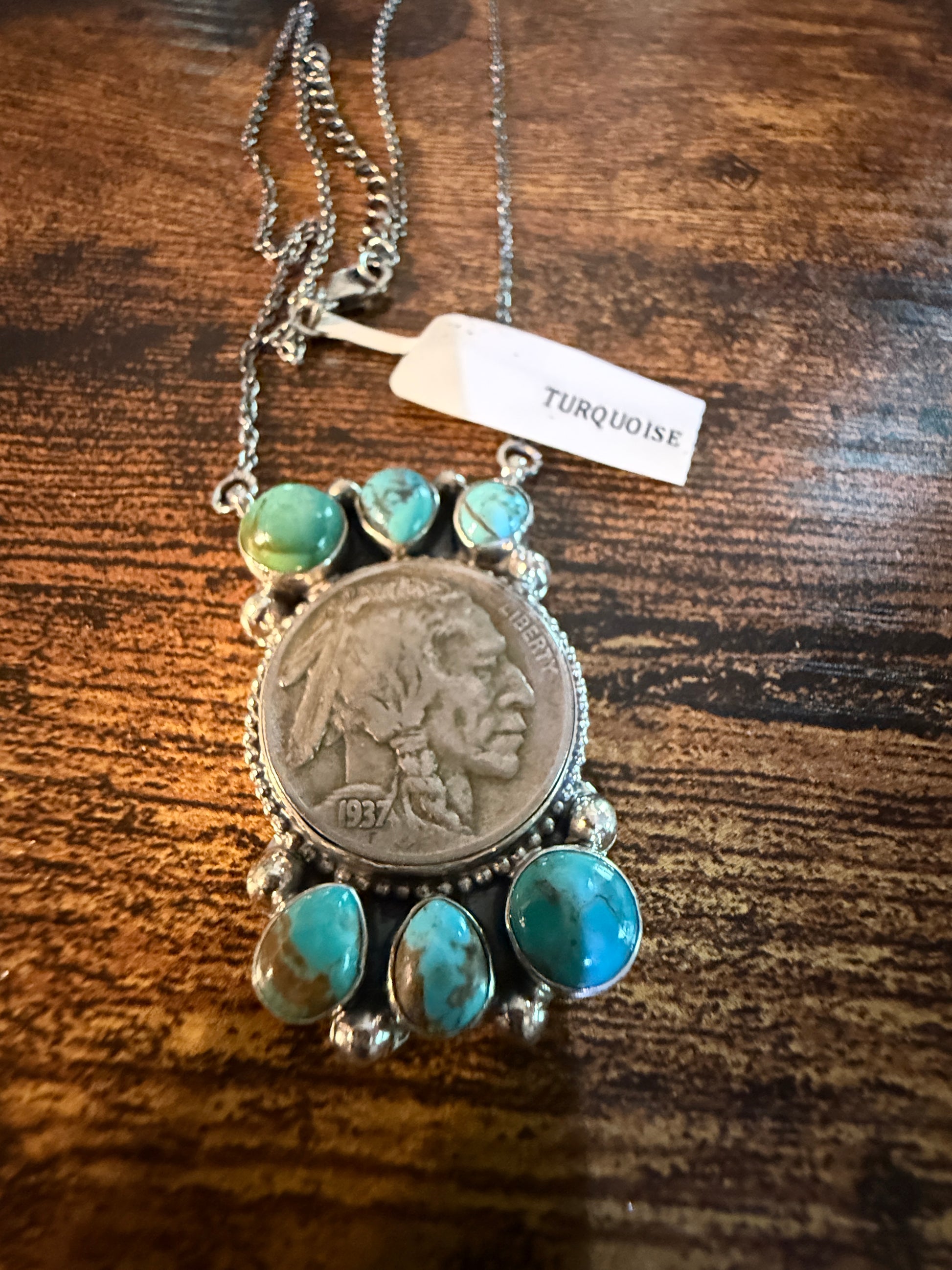 Indian Head Kingman Turquoise Sterling Silver Necklace, 18 Inch Chain Wild West Boho