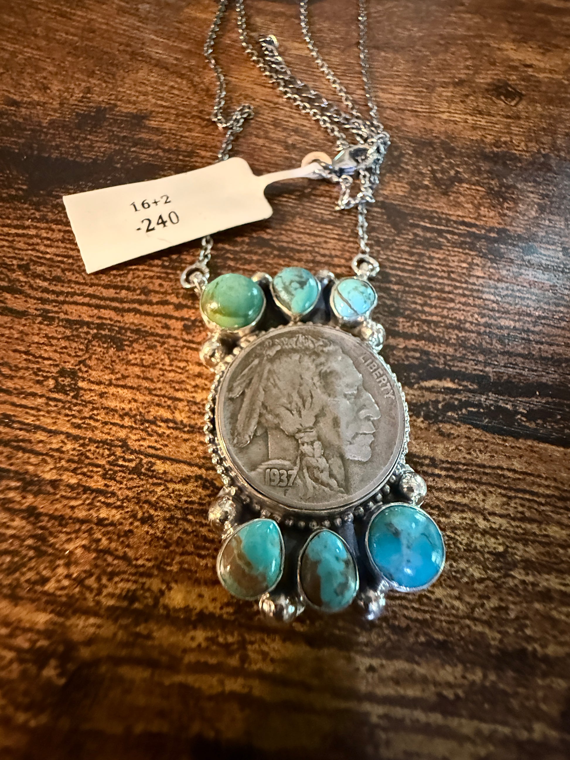 Indian Head Kingman Turquoise Sterling Silver Necklace, 18 Inch Chain Wild West Boho