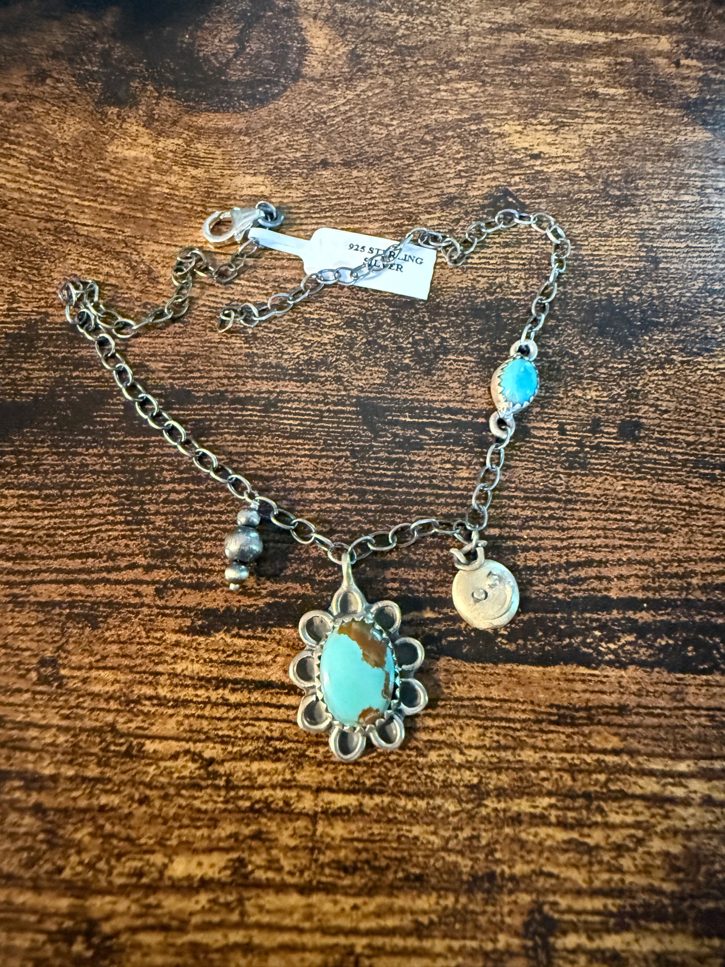 Number 8 Mine Turquoise Gemstone Anklet Chain, Sterling Silver, 11 Inch Chain Wild West Boho