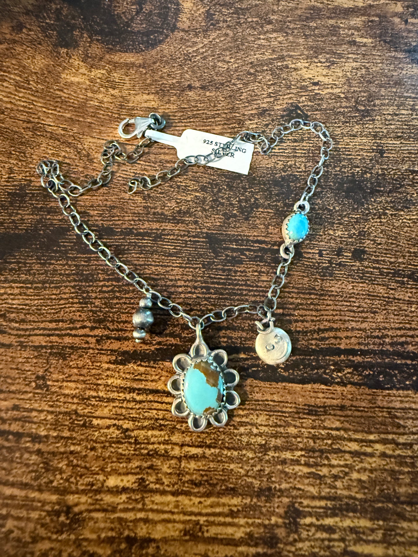 Number 8 Mine Turquoise Gemstone Anklet Chain, Sterling Silver, 11 Inch Chain Wild West Boho