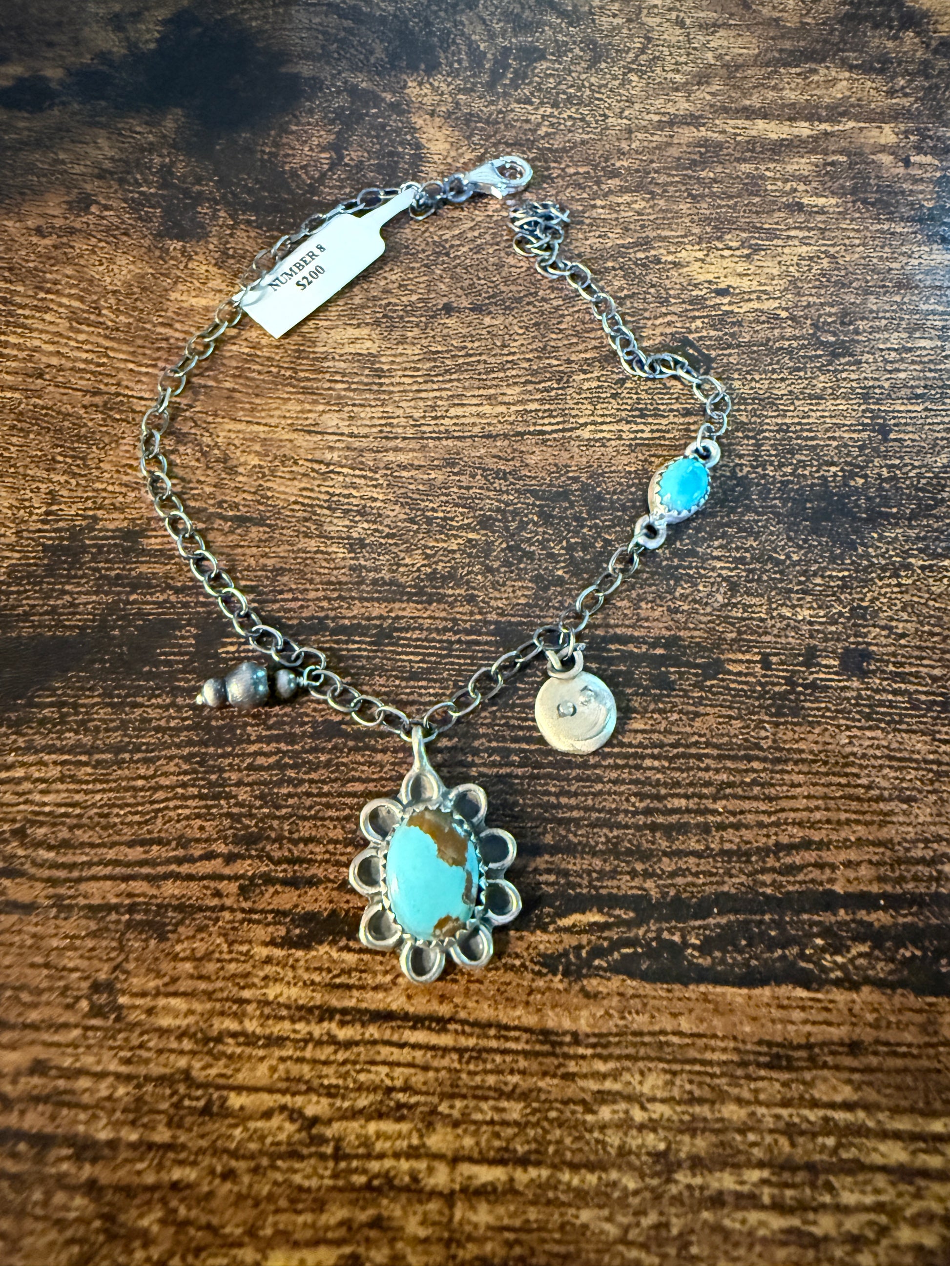 Number 8 Mine Turquoise Gemstone Anklet Chain, Sterling Silver, 11 Inch Chain Wild West Boho