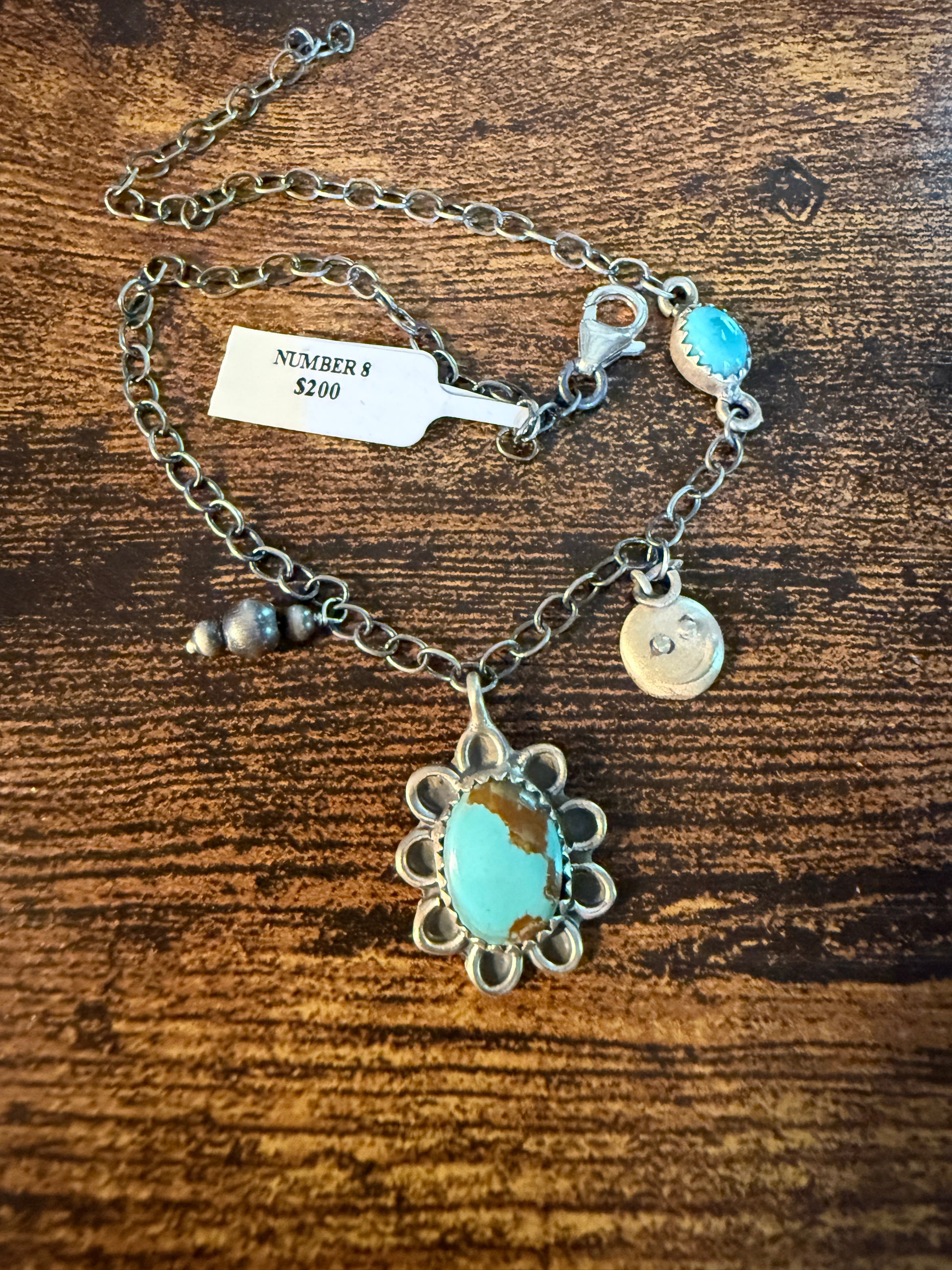 Number 8 Mine Turquoise Gemstone Anklet Chain, Sterling Silver, 11 Inch Chain Wild West Boho