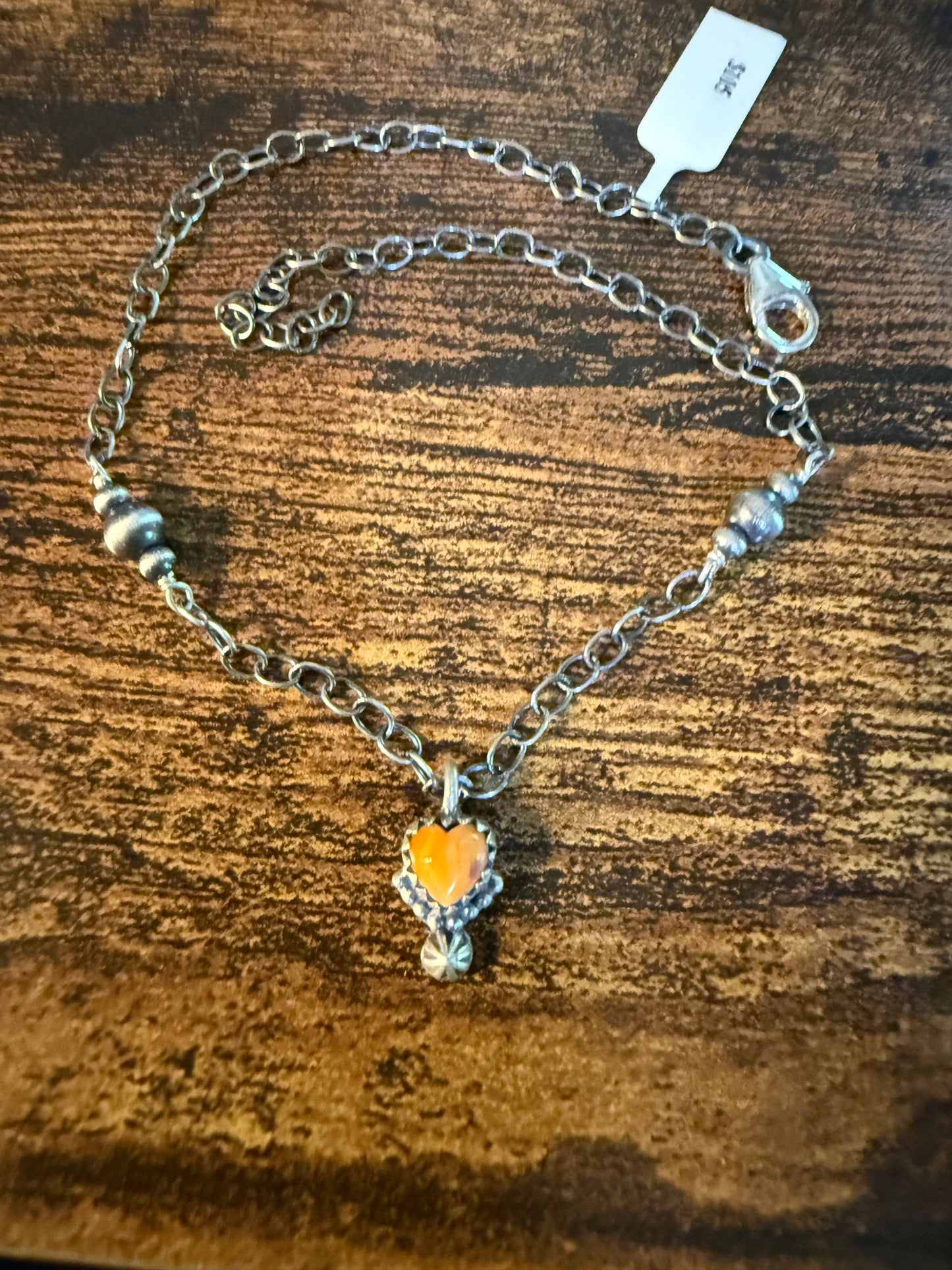 Pink Conch Turquoise Gemstone Heart Anklet Chain, Sterling Silver, 11 Inch Chain Wild West Boho