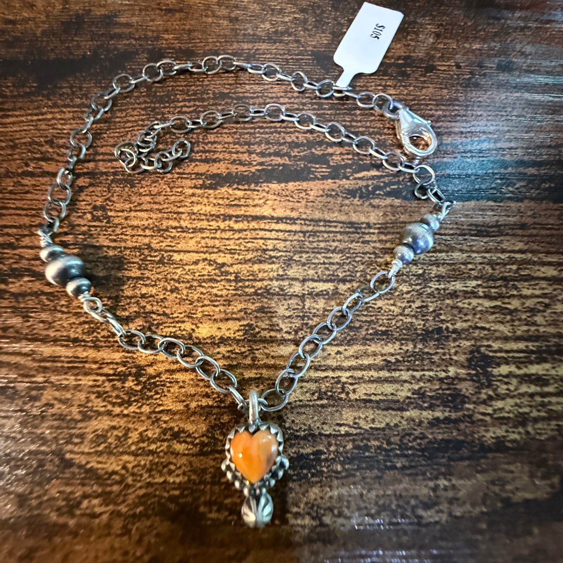 Pink Conch Turquoise Gemstone Heart Anklet Chain, Sterling Silver, 11 Inch Chain Wild West Boho