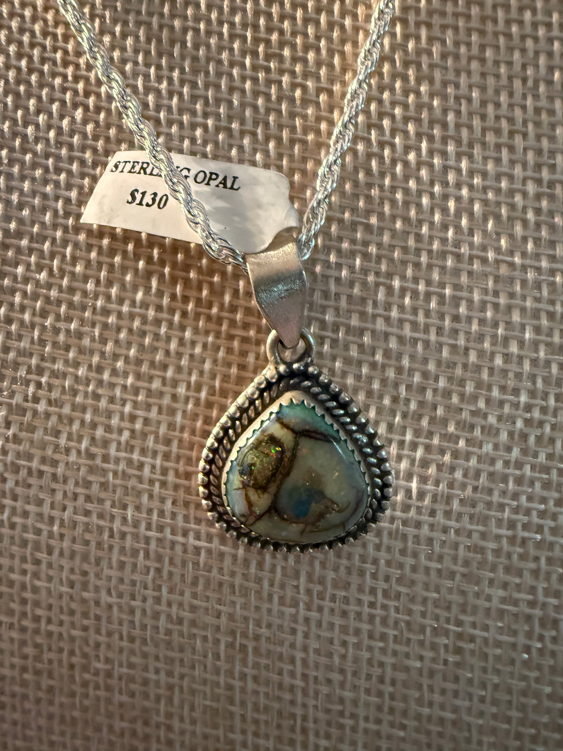 Green Opal Gemstone Necklace, Sterling Silver, 20 Inch Chain Wild West Boho
