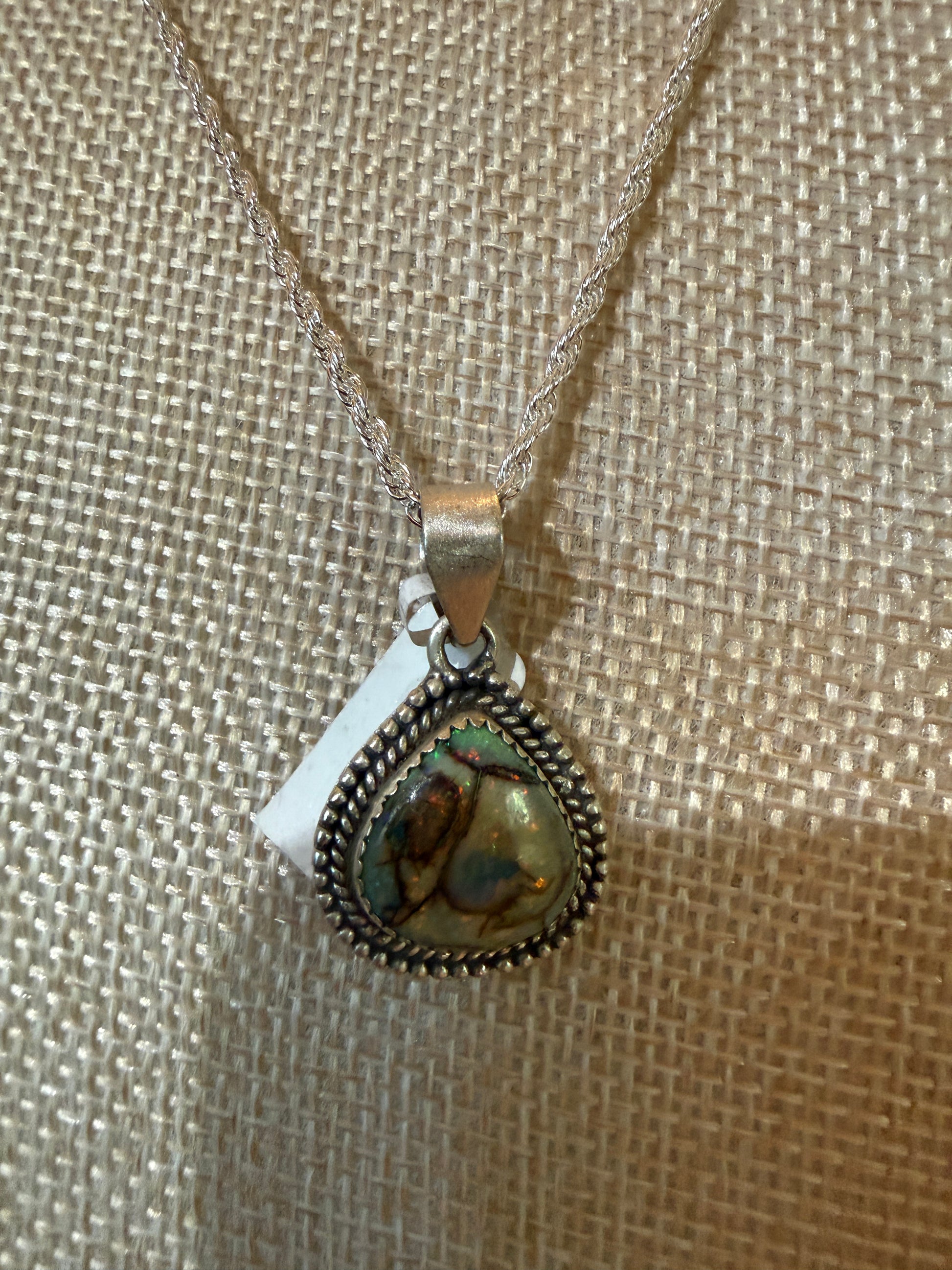 Green Opal Gemstone Necklace, Sterling Silver, 20 Inch Chain Wild West Boho