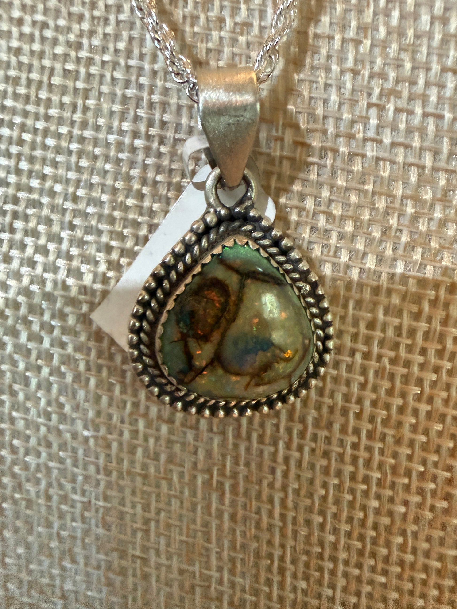Green Opal Gemstone Necklace, Sterling Silver, 20 Inch Chain Wild West Boho