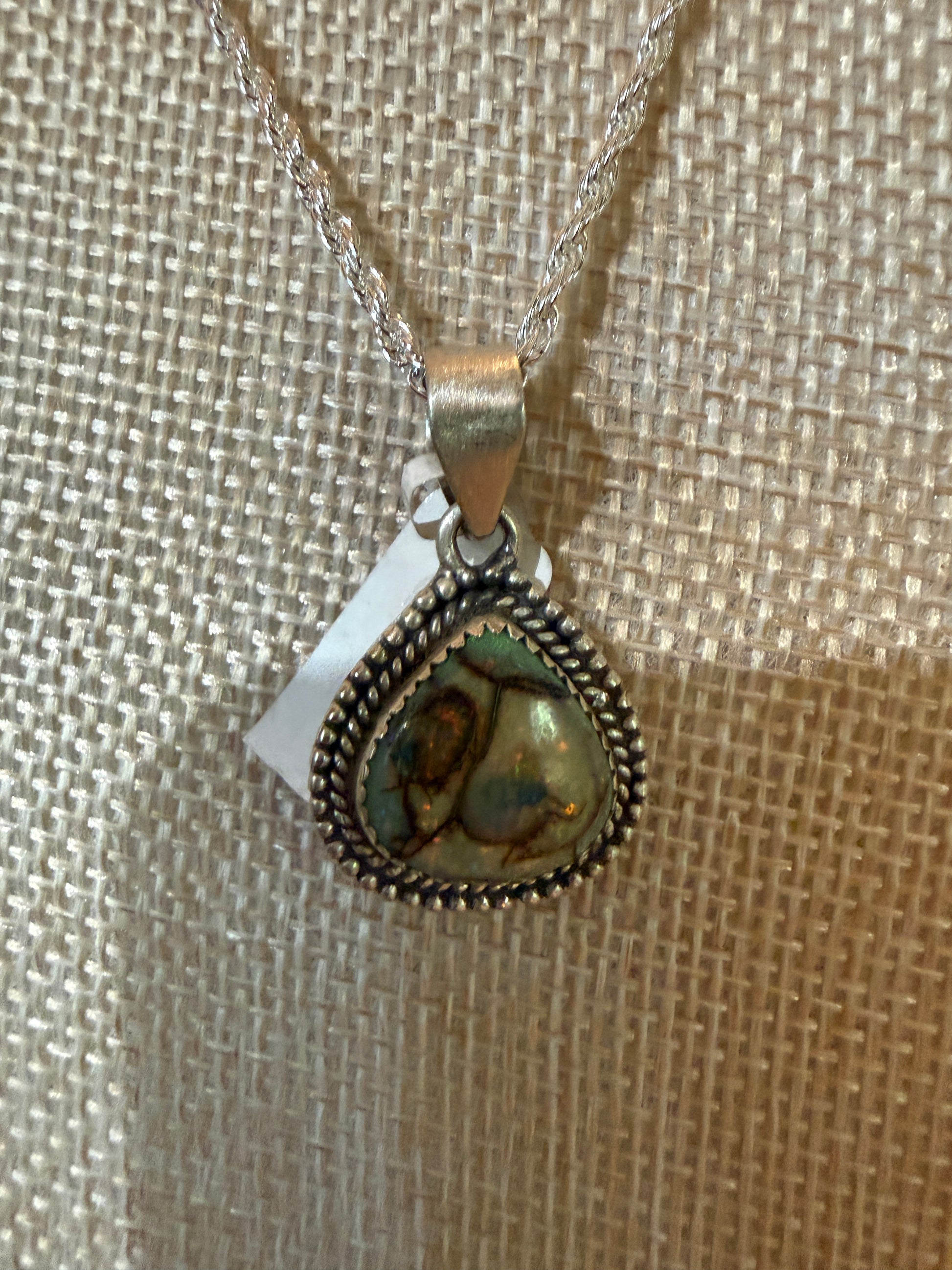 Green Opal Gemstone Necklace, Sterling Silver, 20 Inch Chain Wild West Boho