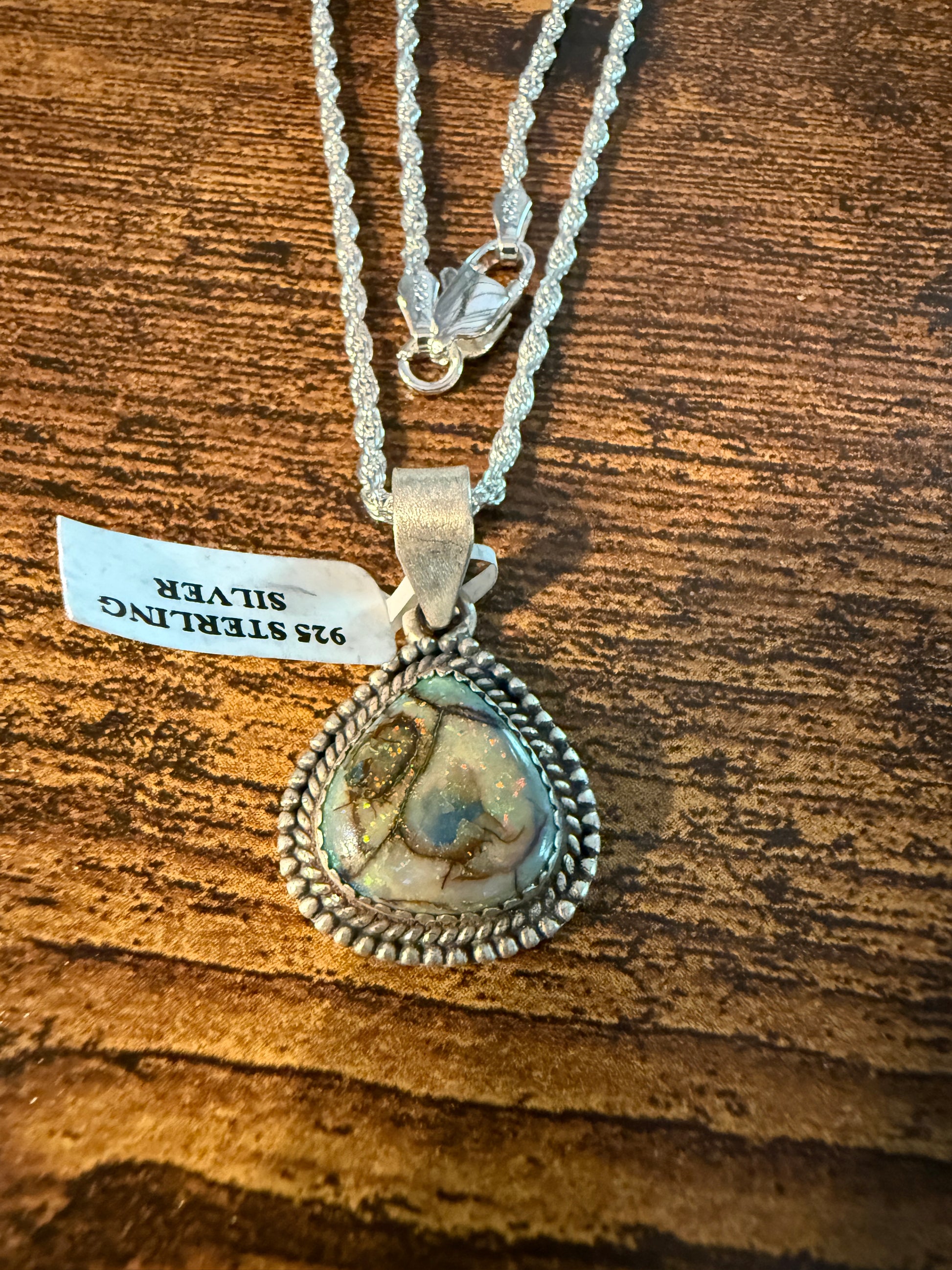 Green Opal Gemstone Necklace, Sterling Silver, 20 Inch Chain Wild West Boho