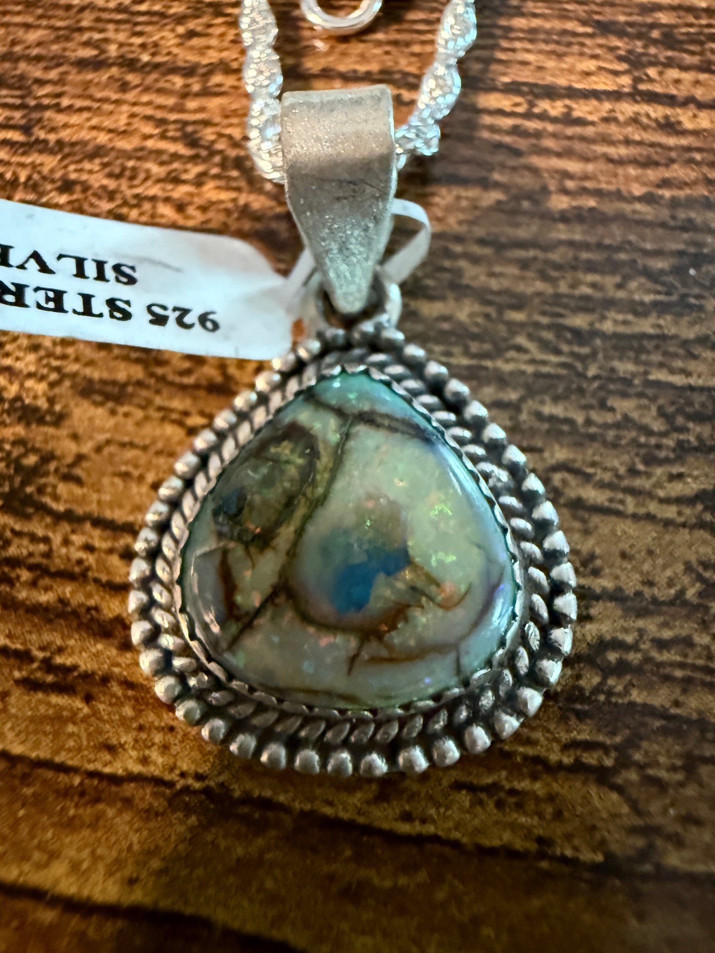 Green Opal Gemstone Necklace, Sterling Silver, 20 Inch Chain Wild West Boho