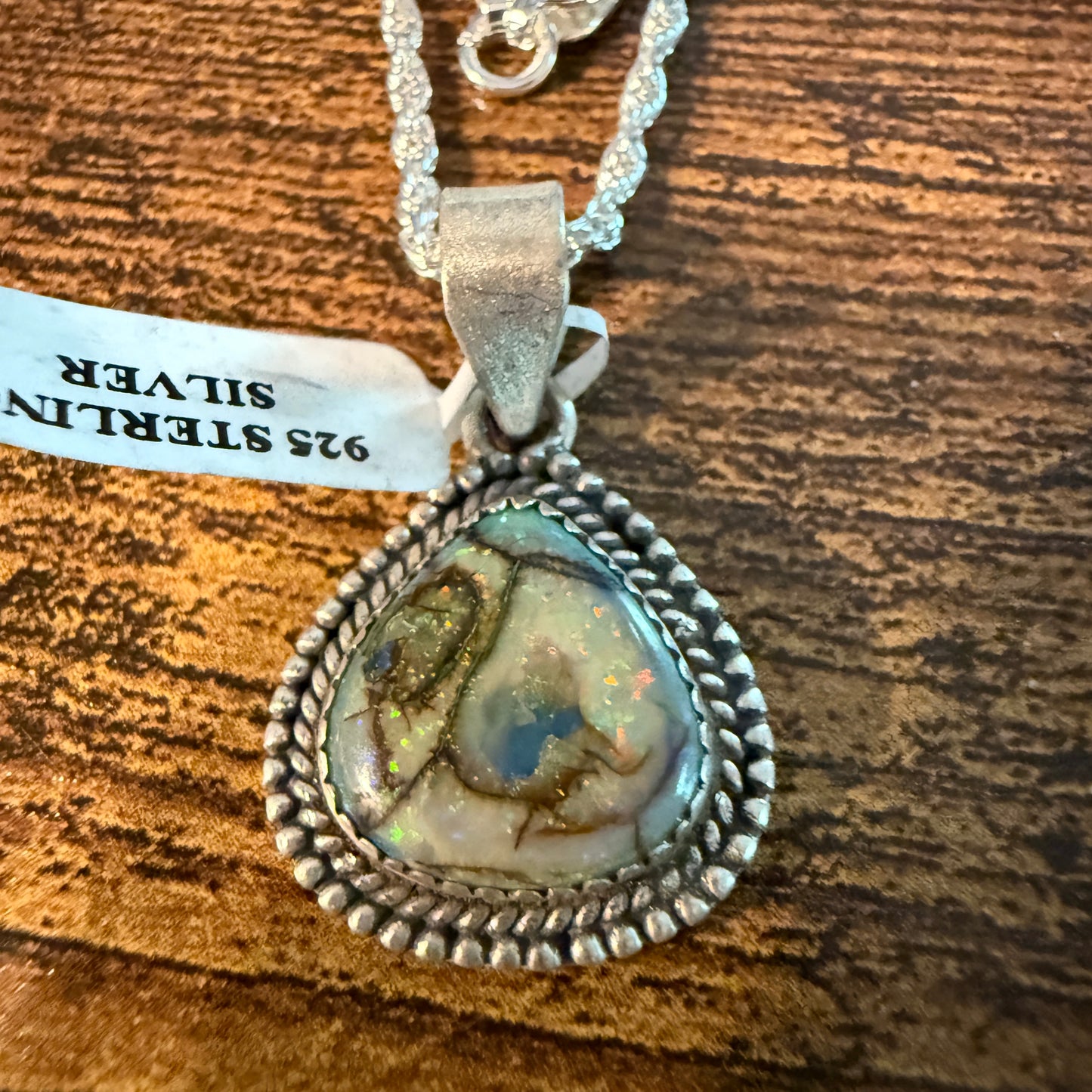 Green Opal Gemstone Necklace, Sterling Silver, 20 Inch Chain Wild West Boho
