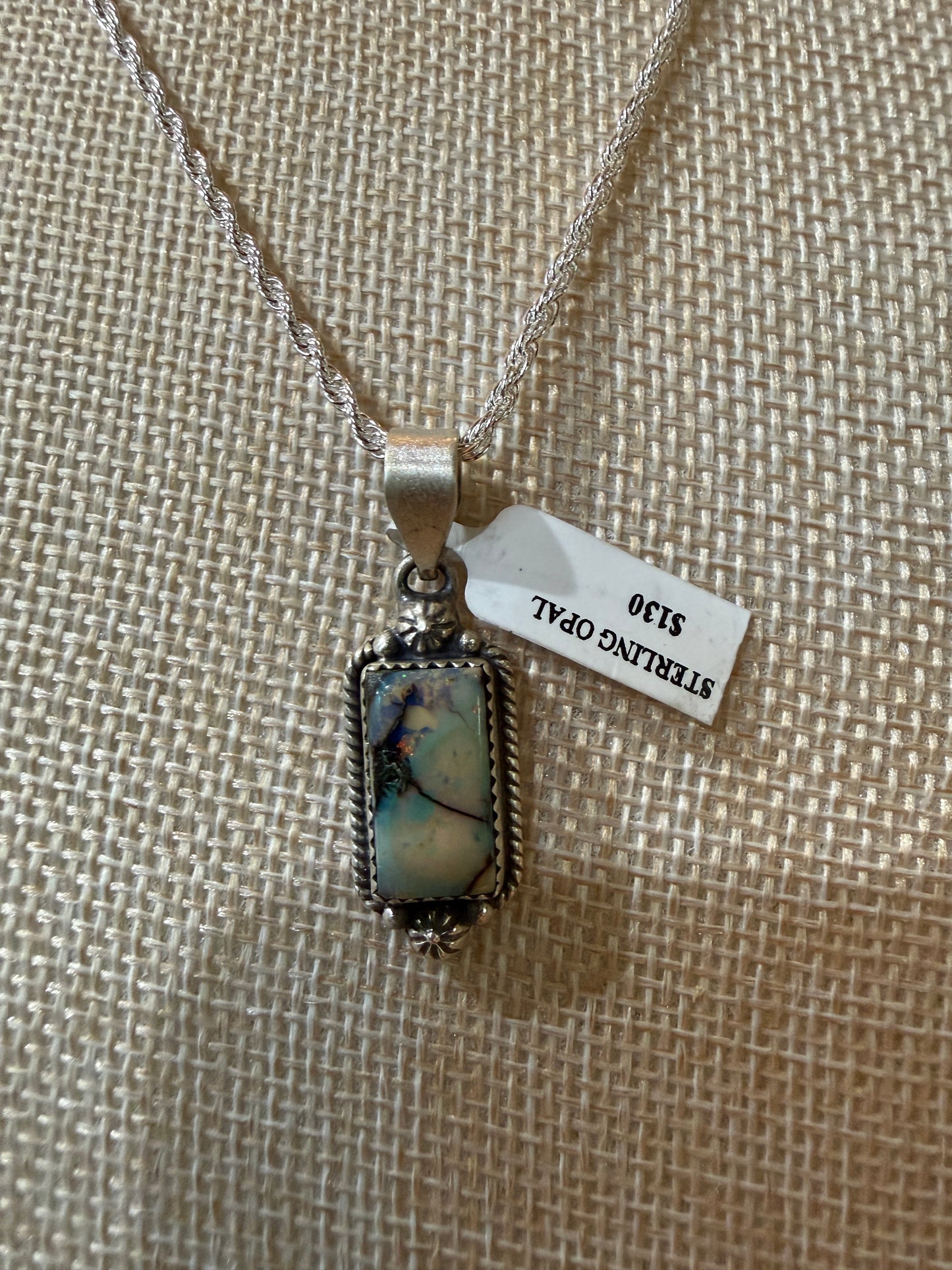 Blue Opal Gemstone Necklace, 925 Sterling Silver, 20 Inch Chain Wild West Boho
