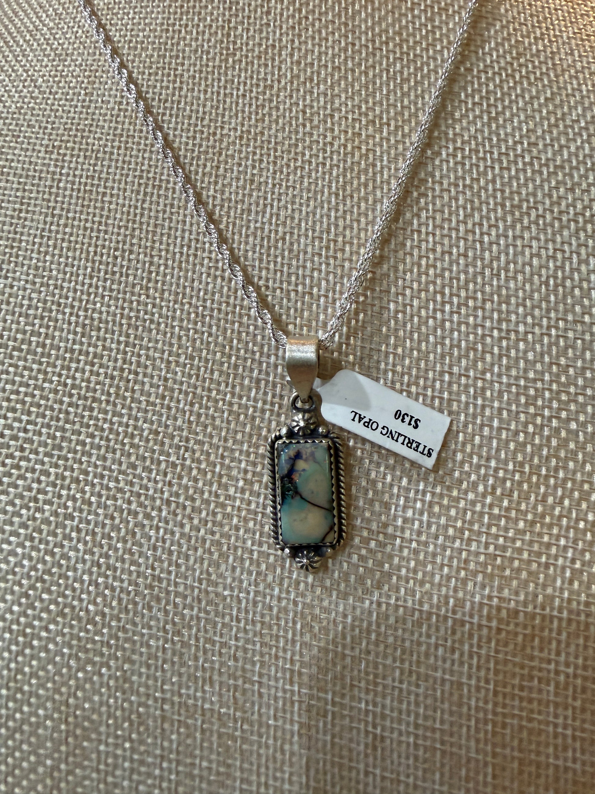 Blue Opal Gemstone Necklace, 925 Sterling Silver, 20 Inch Chain Wild West Boho