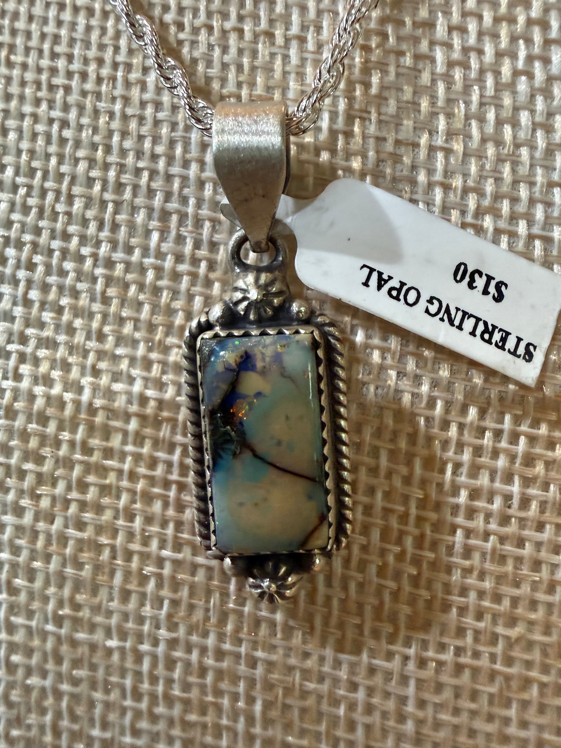 Blue Opal Gemstone Necklace, 925 Sterling Silver, 20 Inch Chain Wild West Boho