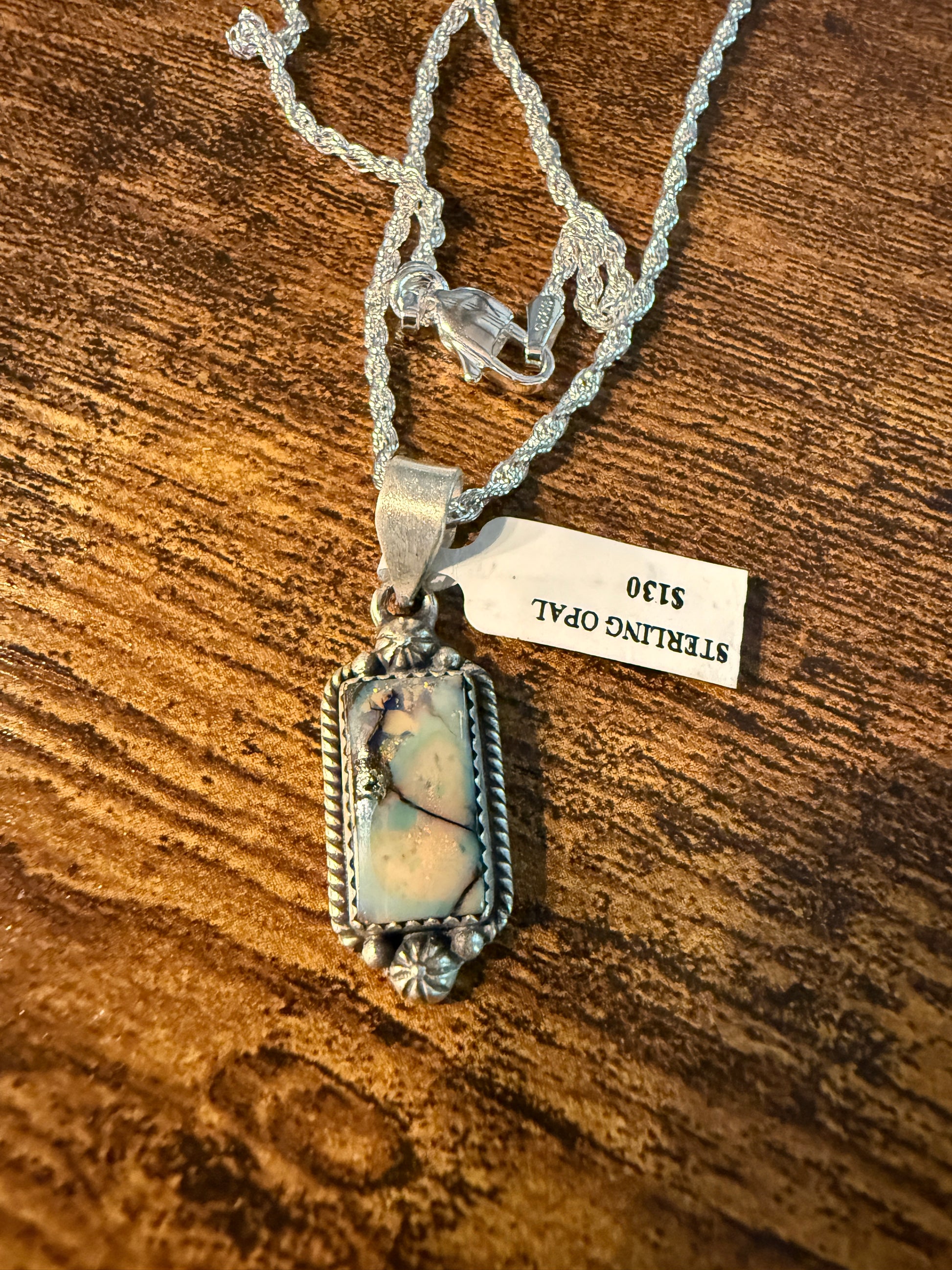 Blue Opal Gemstone Necklace, 925 Sterling Silver, 20 Inch Chain Wild West Boho