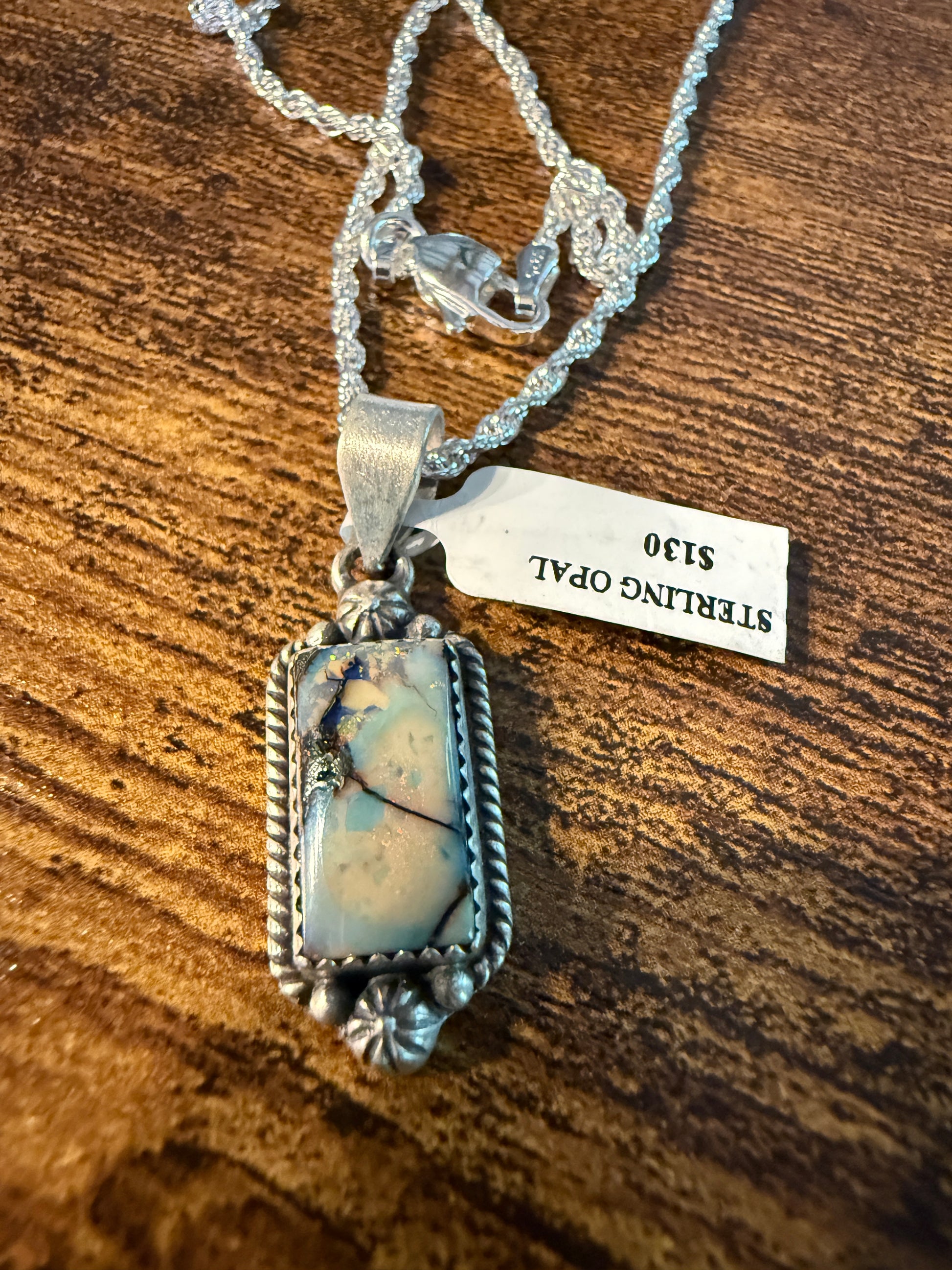 Blue Opal Gemstone Necklace, 925 Sterling Silver, 20 Inch Chain Wild West Boho
