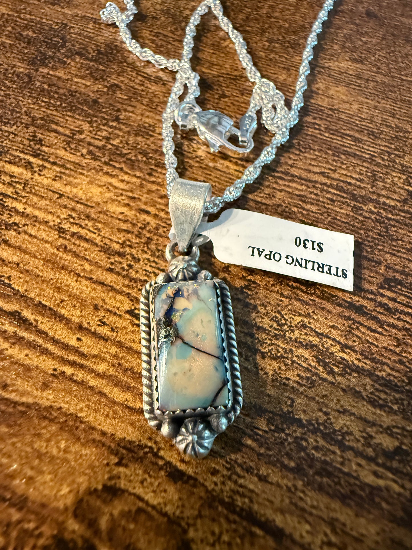 Blue Opal Gemstone Necklace, 925 Sterling Silver, 20 Inch Chain Wild West Boho
