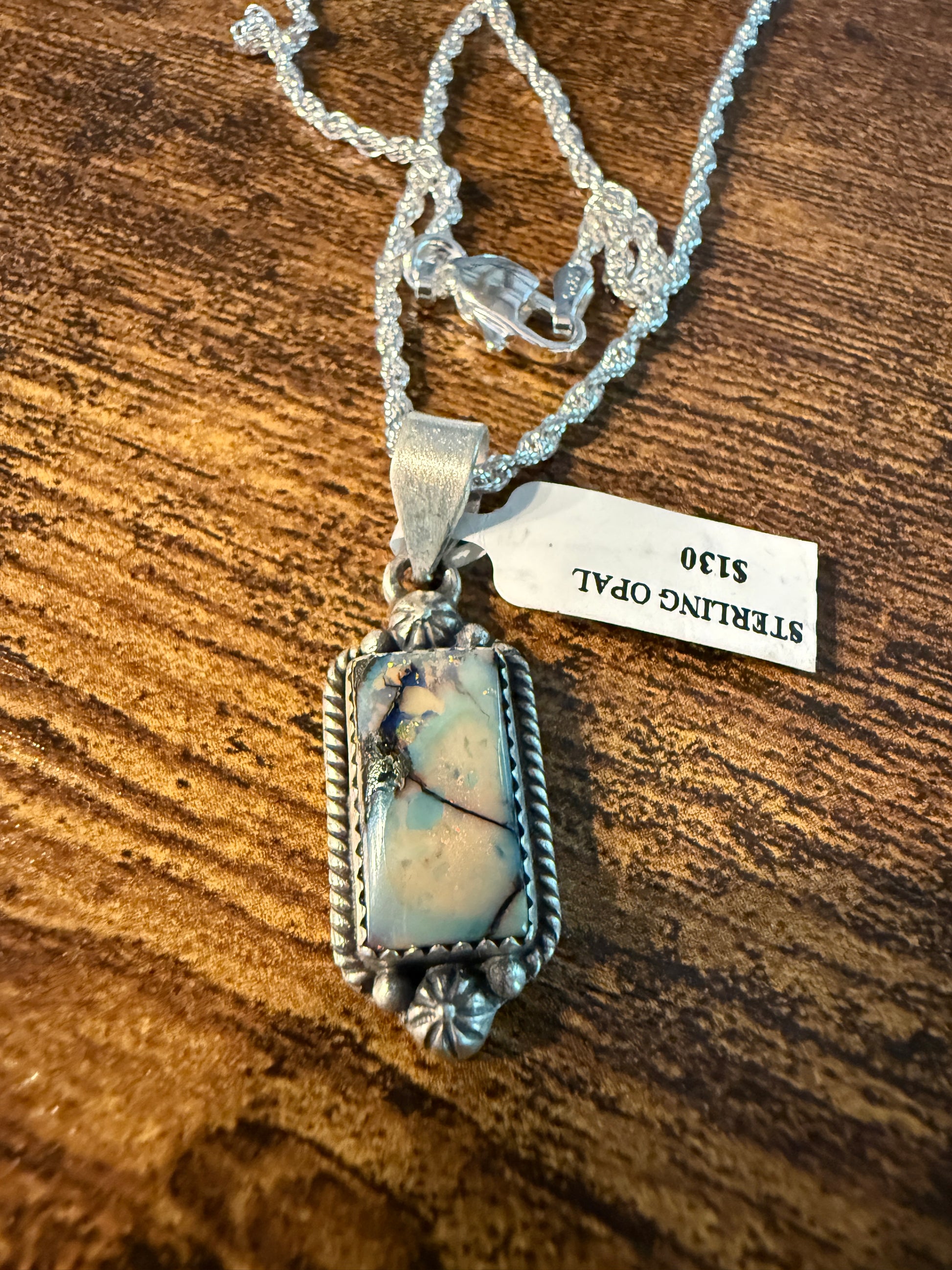 Blue Opal Gemstone Necklace, 925 Sterling Silver, 20 Inch Chain Wild West Boho