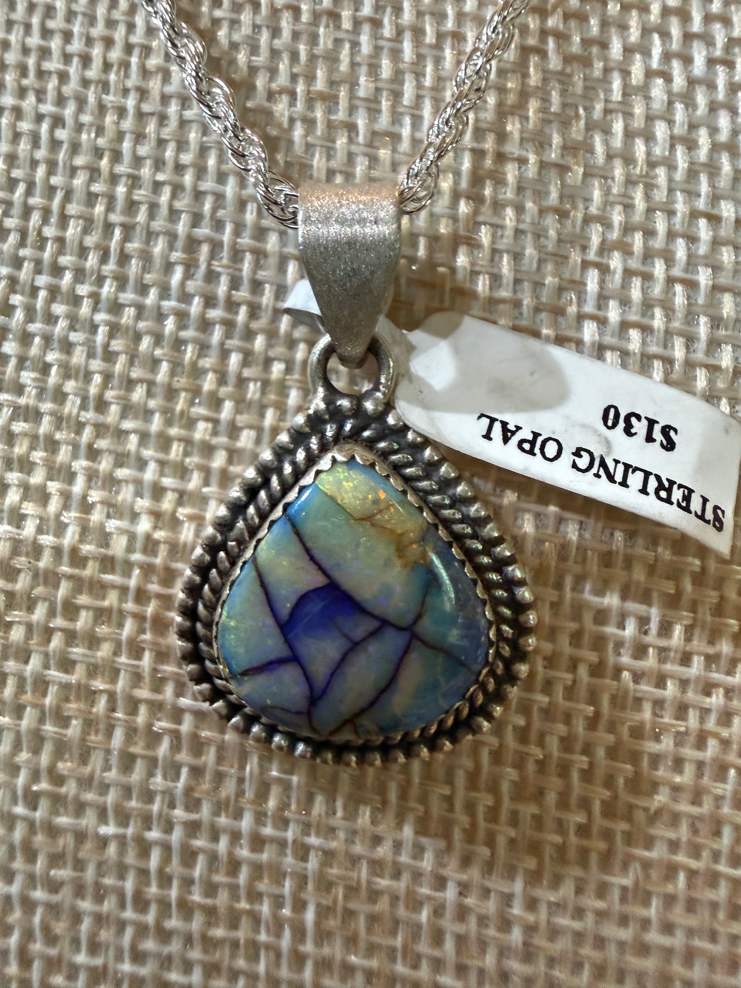 Blue Opal Gemstone Necklace, Sterling Silver, 20 Inch Chain Wild West Boho