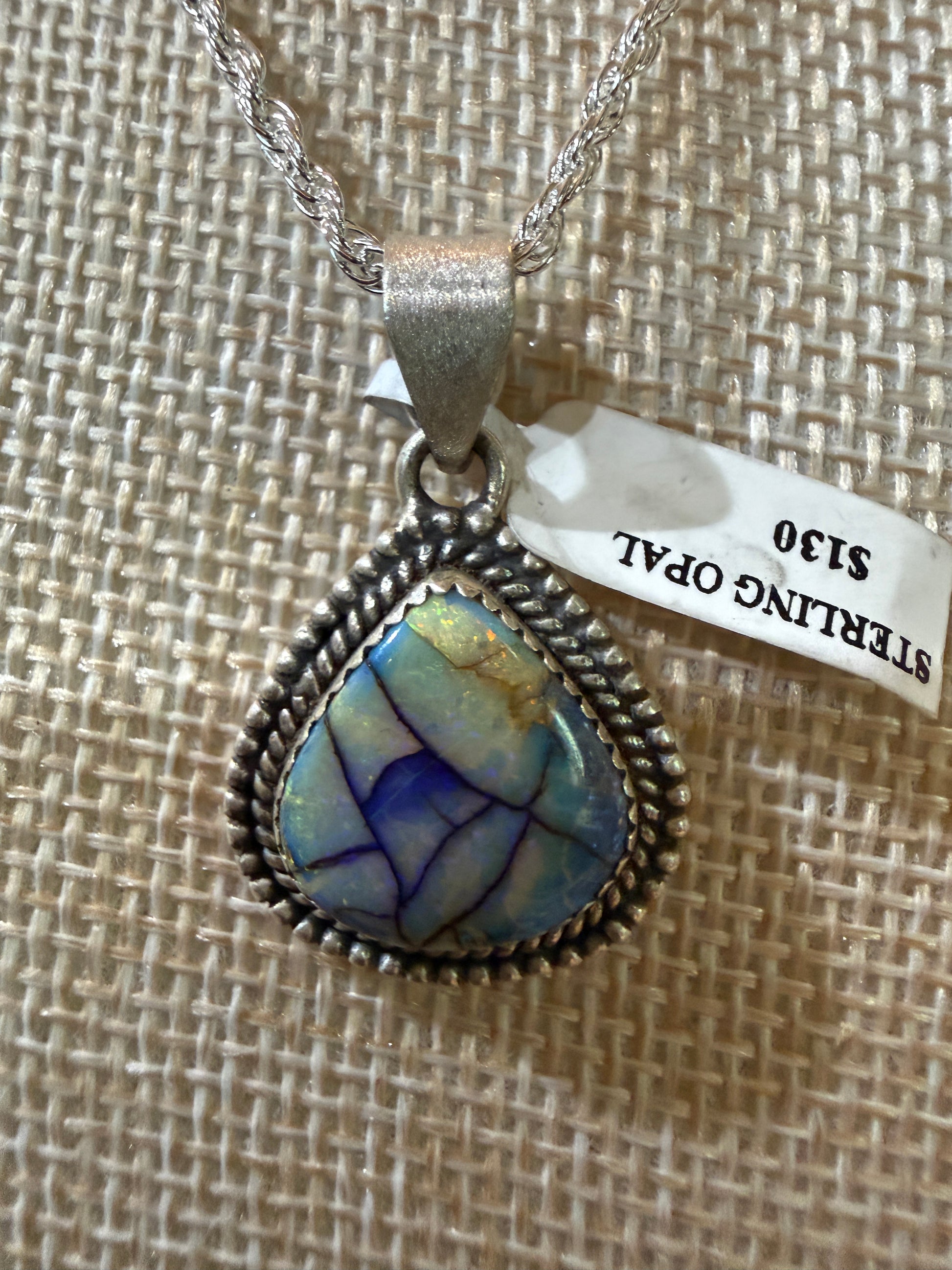 Blue Opal Gemstone Necklace, Sterling Silver, 20 Inch Chain Wild West Boho