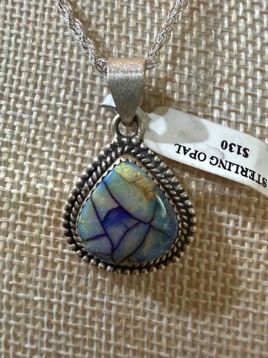 Blue Opal Gemstone Necklace, Sterling Silver, 20 Inch Chain Wild West Boho
