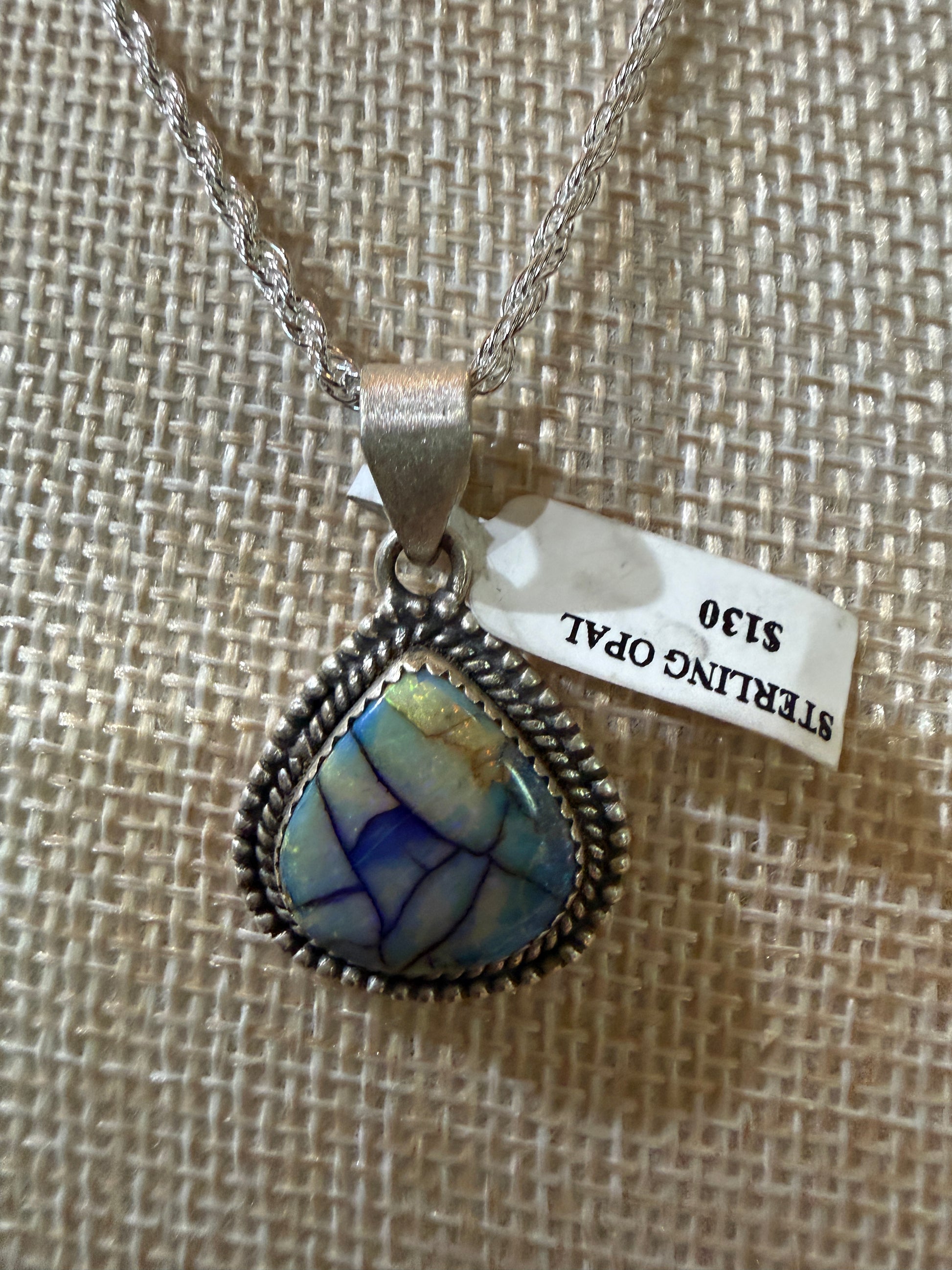 Blue Opal Gemstone Necklace, Sterling Silver, 20 Inch Chain Wild West Boho