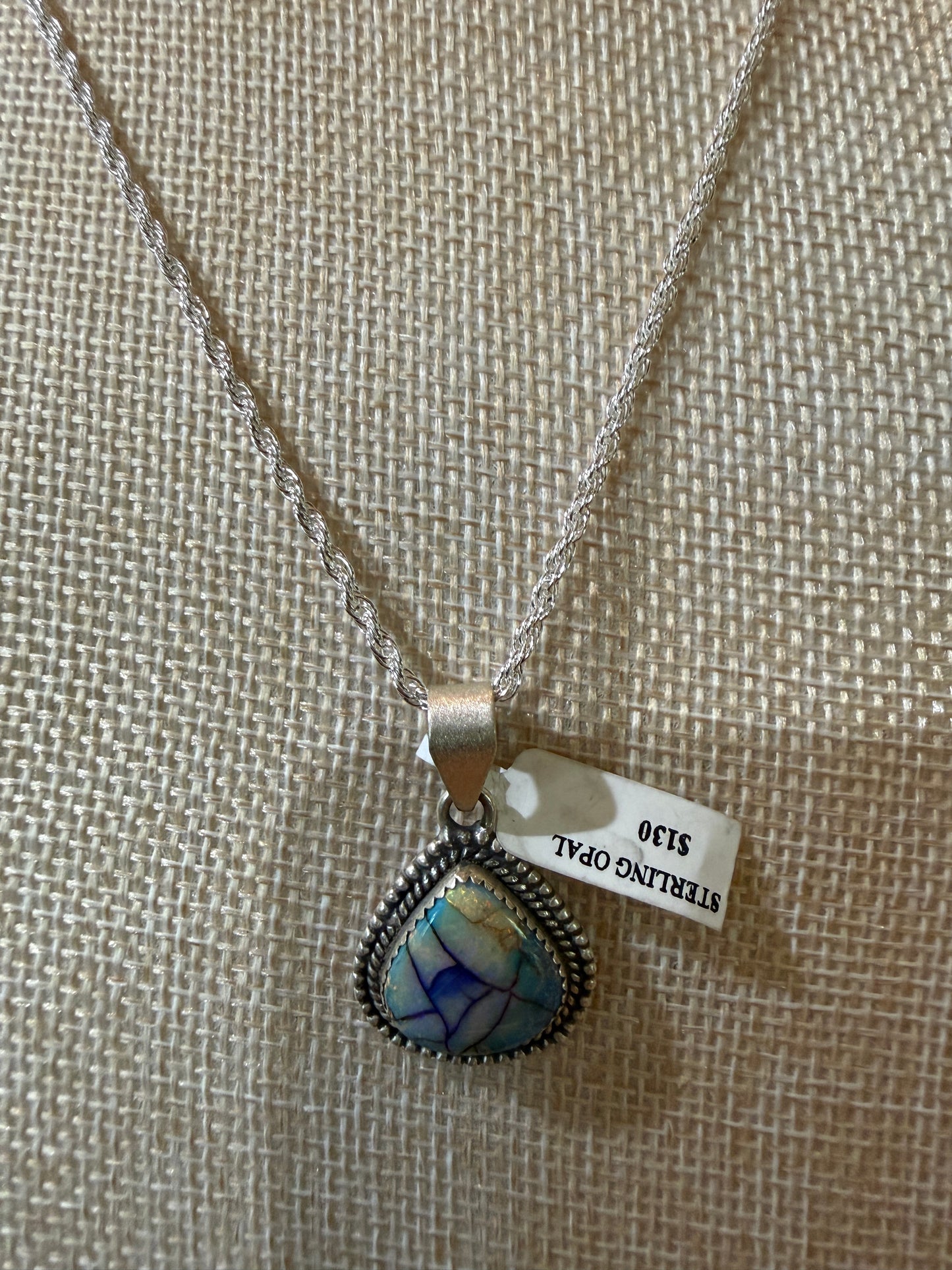 Blue Opal Gemstone Necklace, Sterling Silver, 20 Inch Chain Wild West Boho