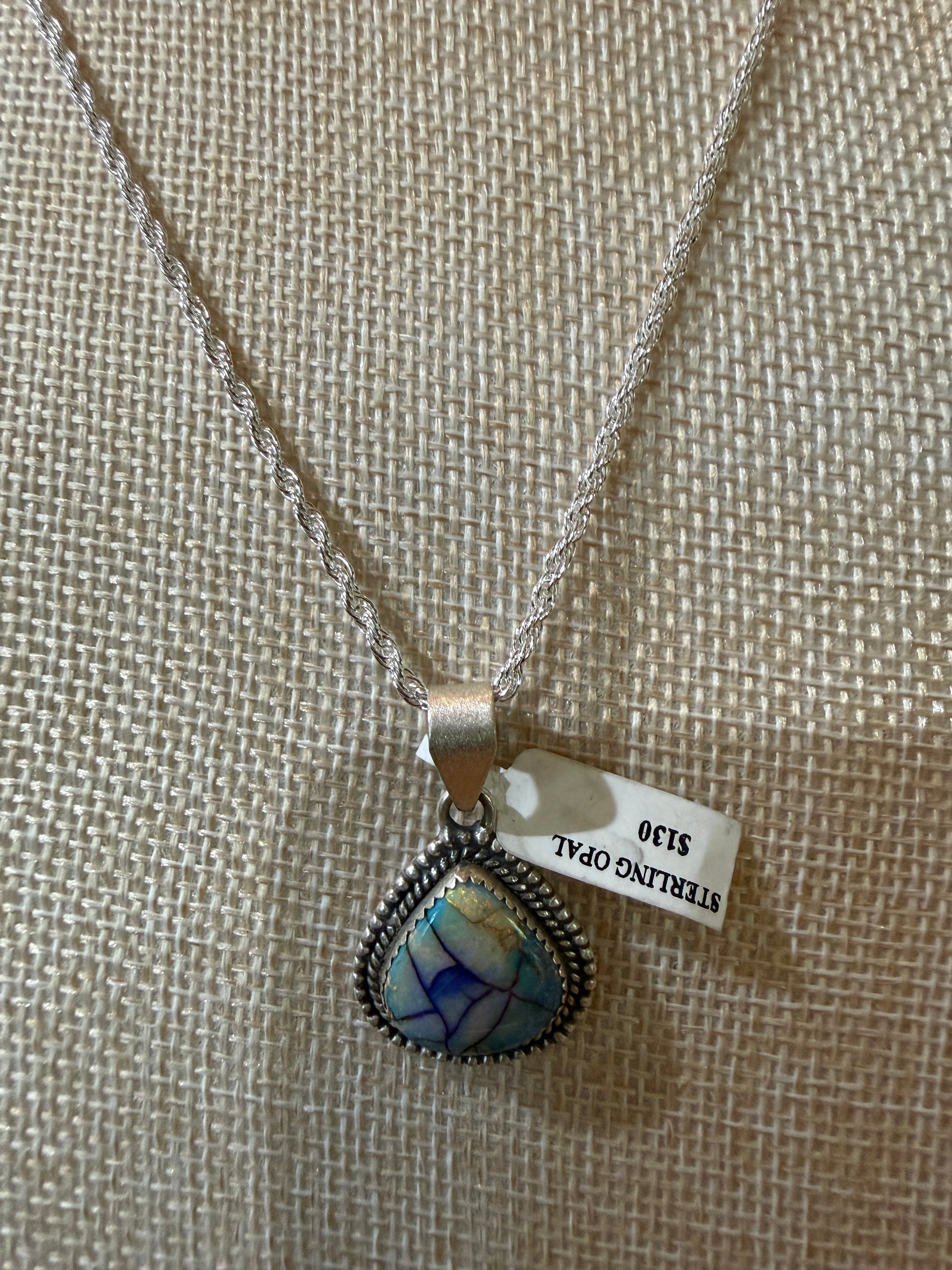 Blue Opal Gemstone Necklace, Sterling Silver, 20 Inch Chain Wild West Boho