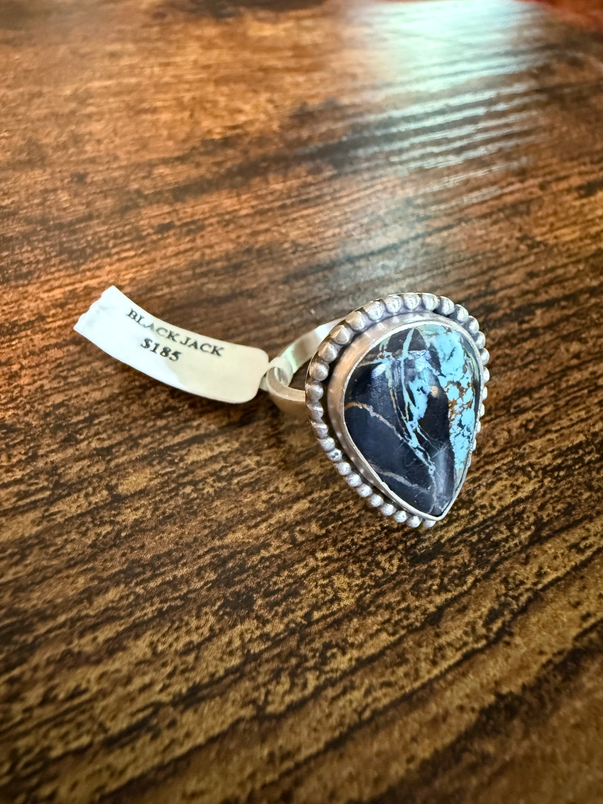 Blackjack Turquoise Gemstone Sterling Silver Adjustable Ring Wild West Boho
