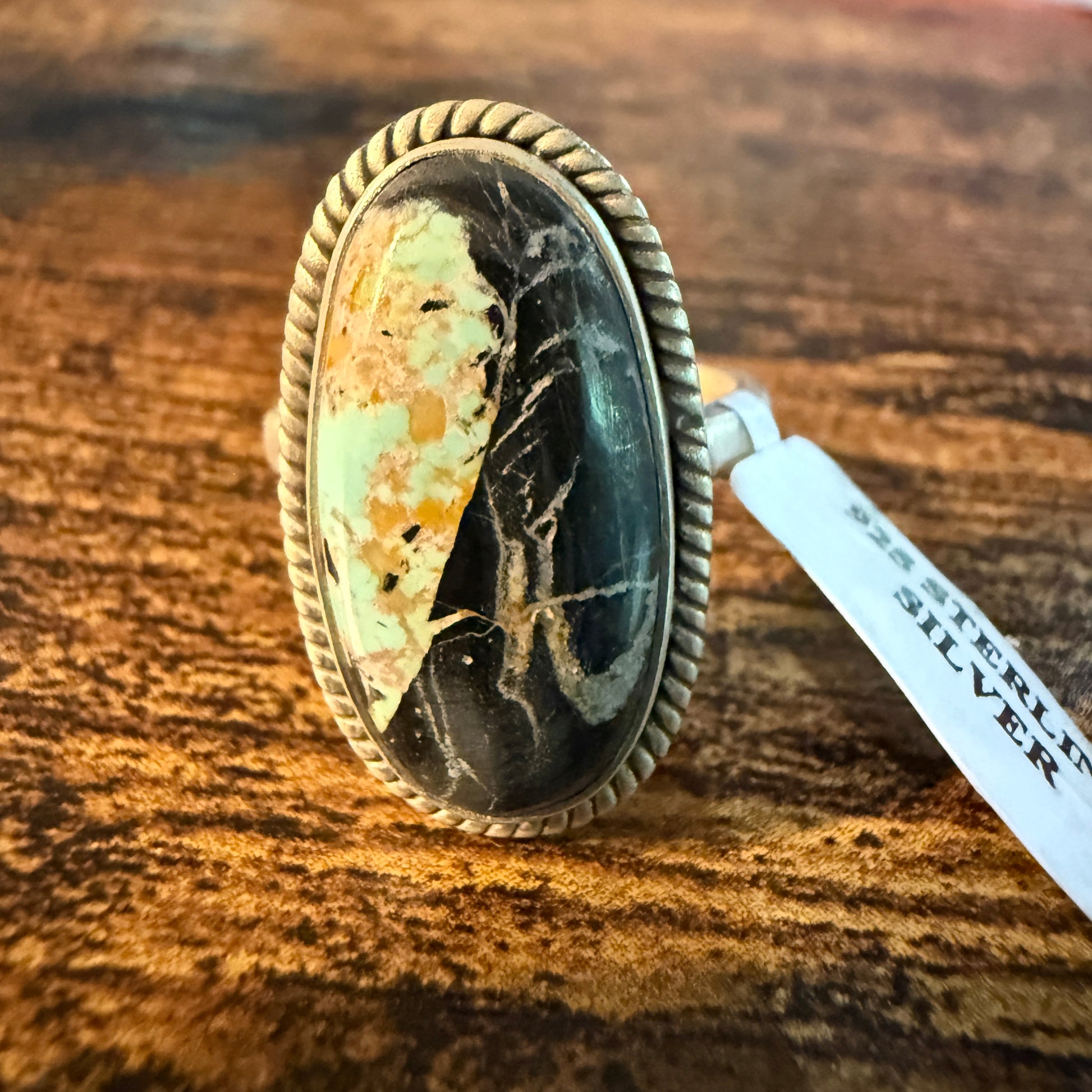 Blackjack Turquoise Oval Gemstone Ring  Sterling Silver Adjustable Wild West Boho