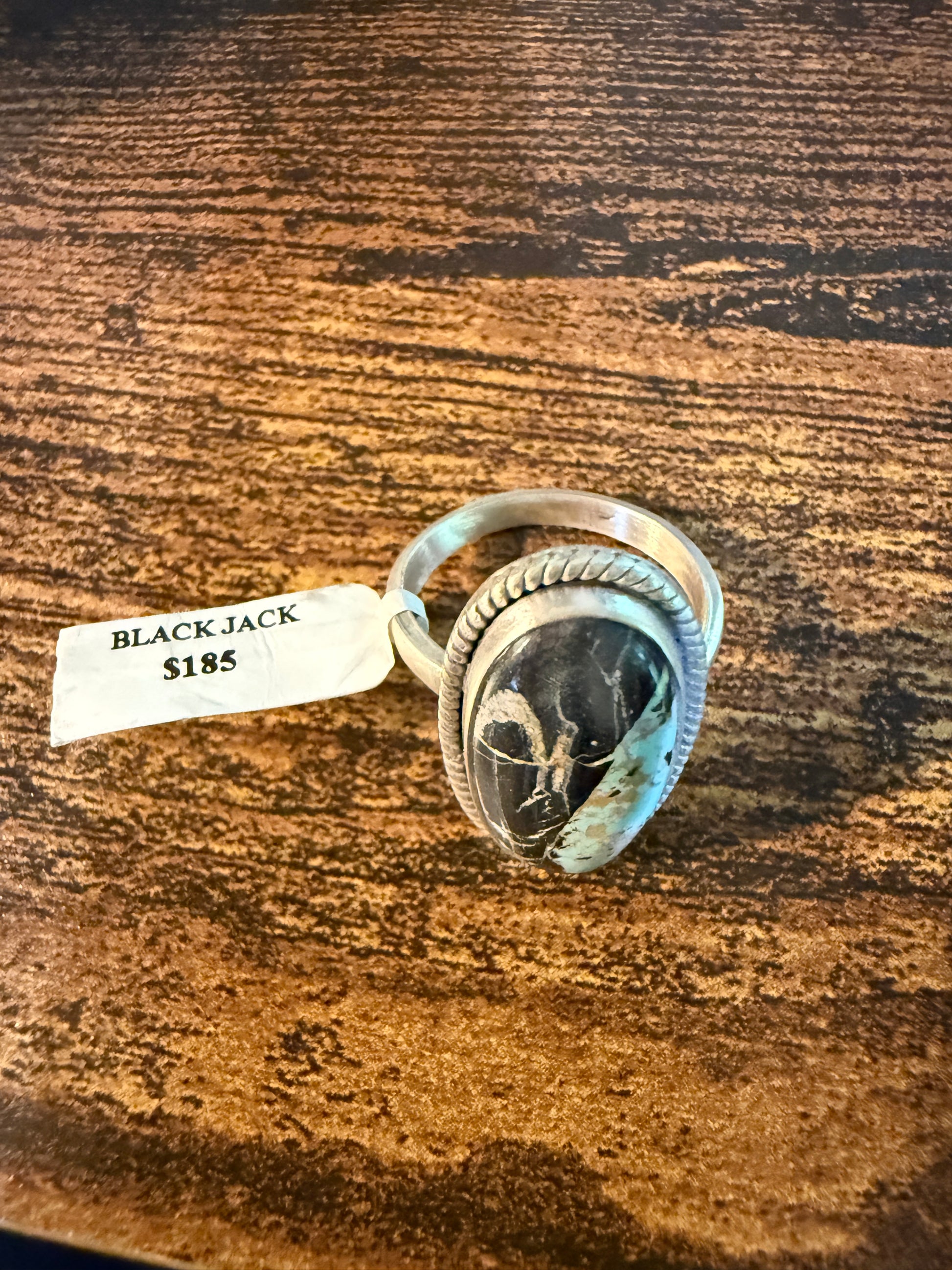 Blackjack Turquoise Oval Gemstone Ring  Sterling Silver Adjustable Wild West Boho