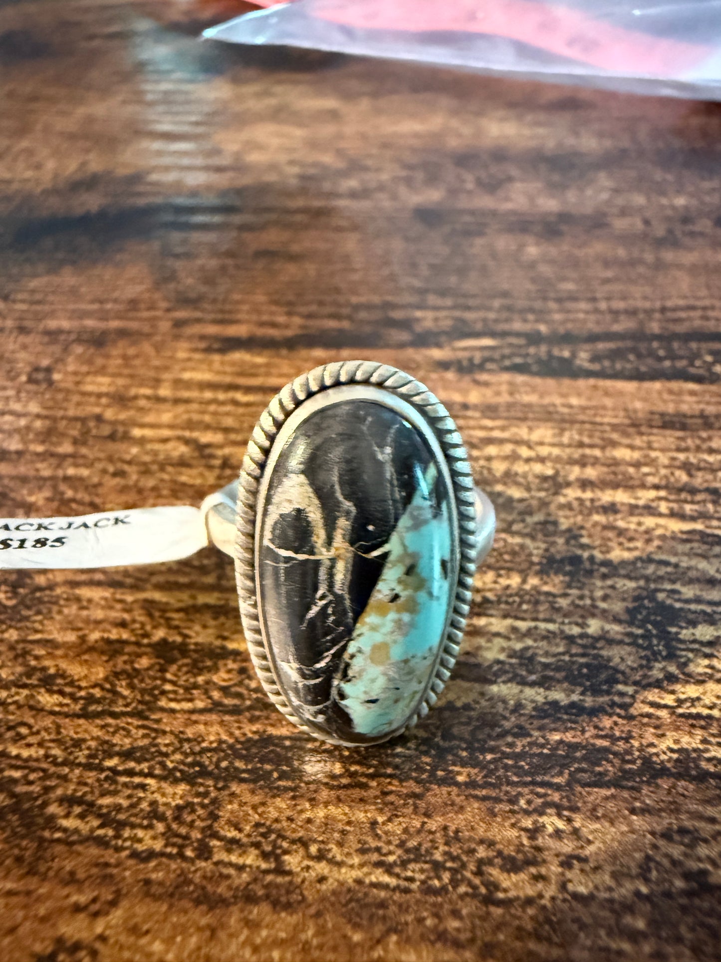 Blackjack Turquoise Oval Gemstone Ring  Sterling Silver Adjustable Wild West Boho