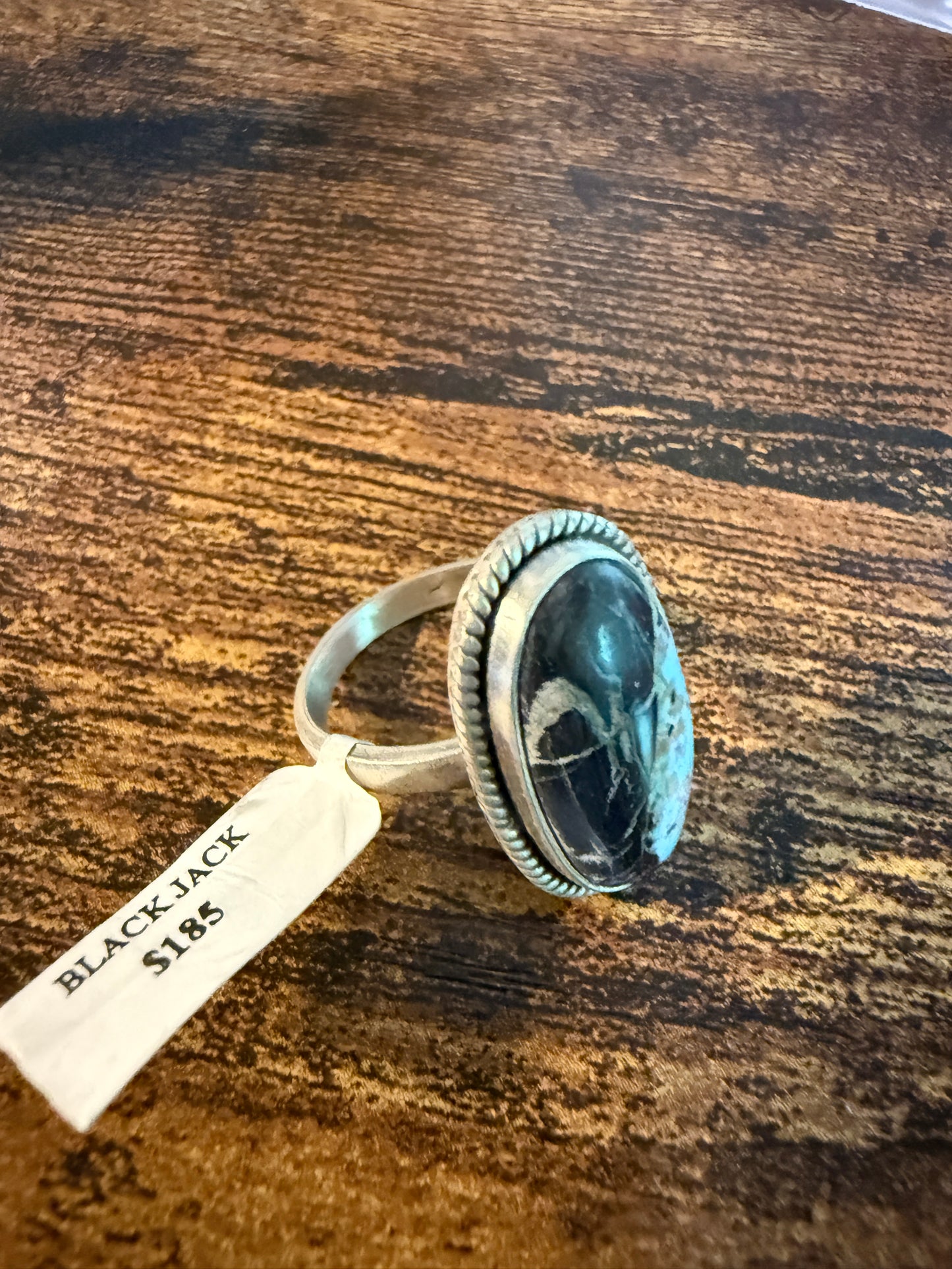 Blackjack Turquoise Oval Gemstone Ring  Sterling Silver Adjustable Wild West Boho