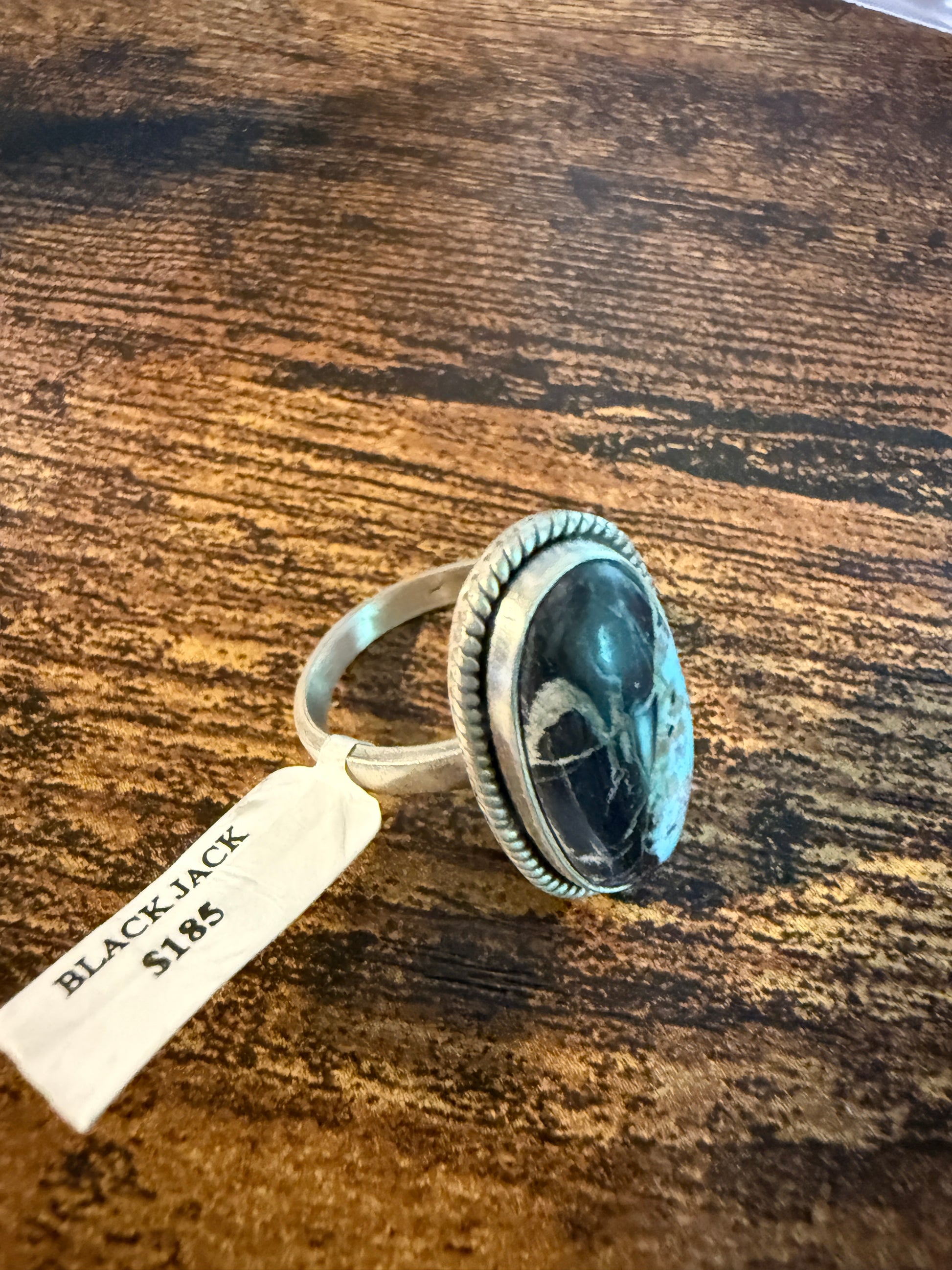 Blackjack Turquoise Oval Gemstone Ring  Sterling Silver Adjustable Wild West Boho