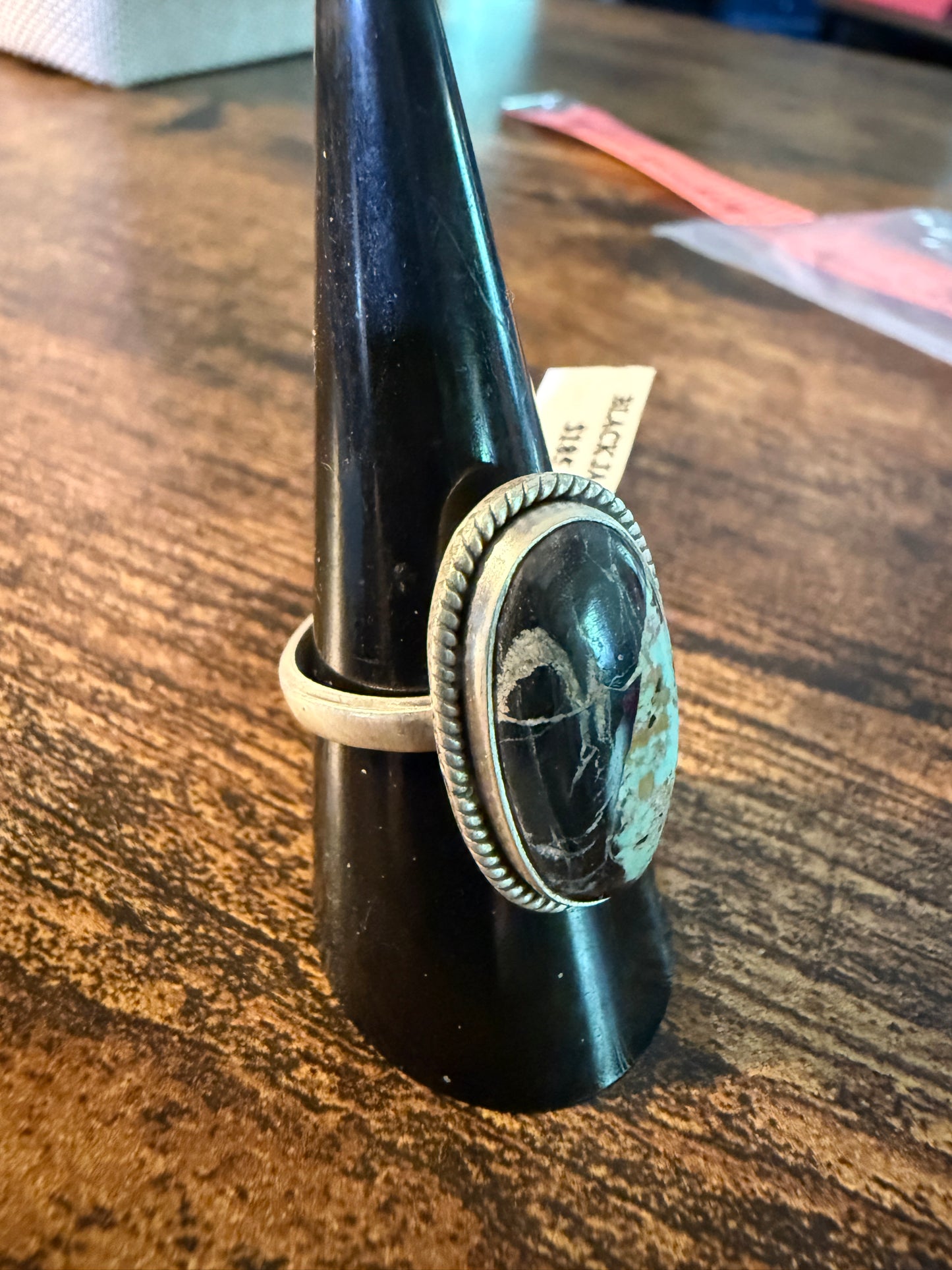 Blackjack Turquoise Oval Gemstone Ring  Sterling Silver Adjustable Wild West Boho