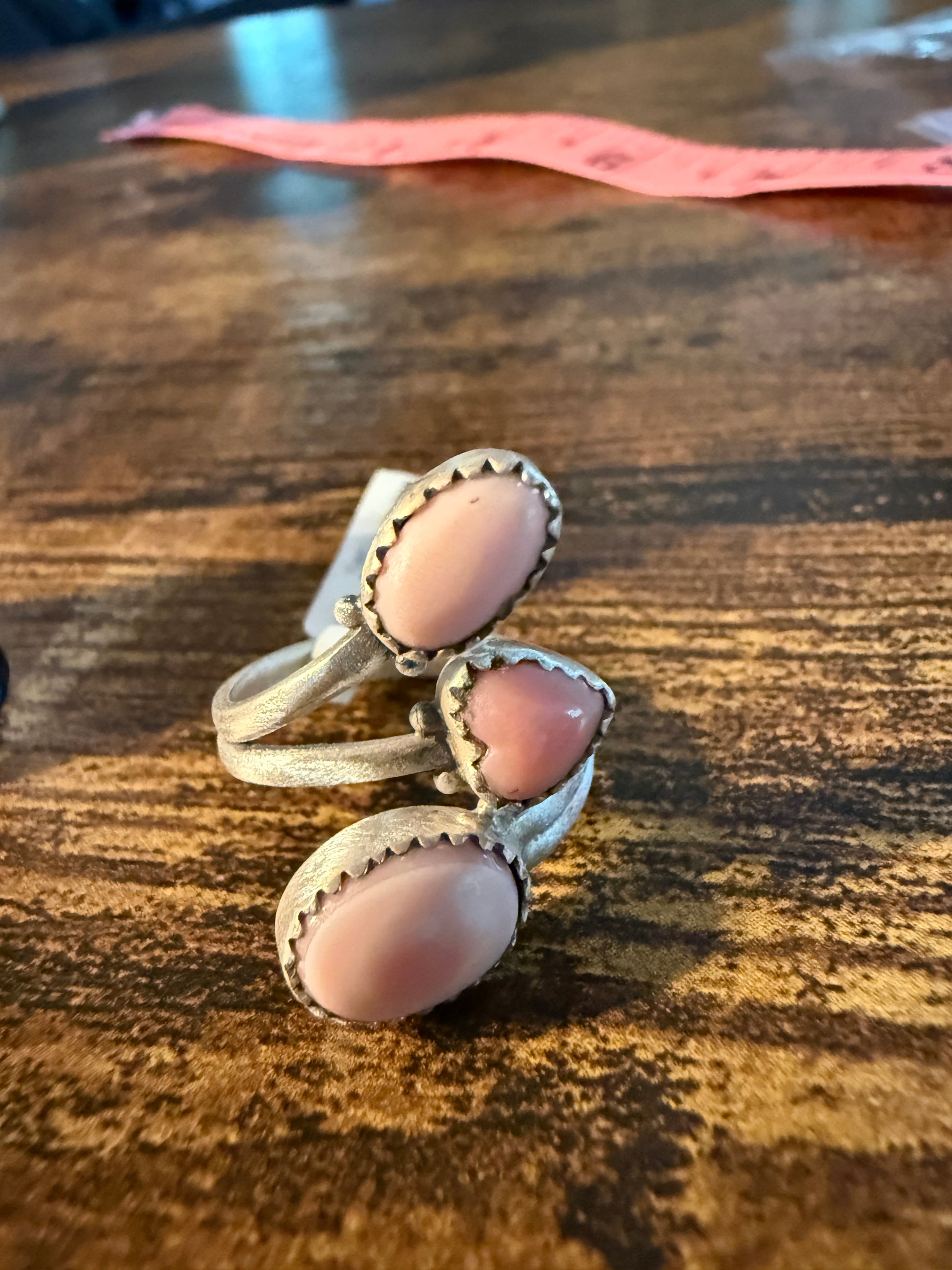 Pink Conch Turquoise Gemstone Ring Sterling Silver Adjustable Wild West Boho