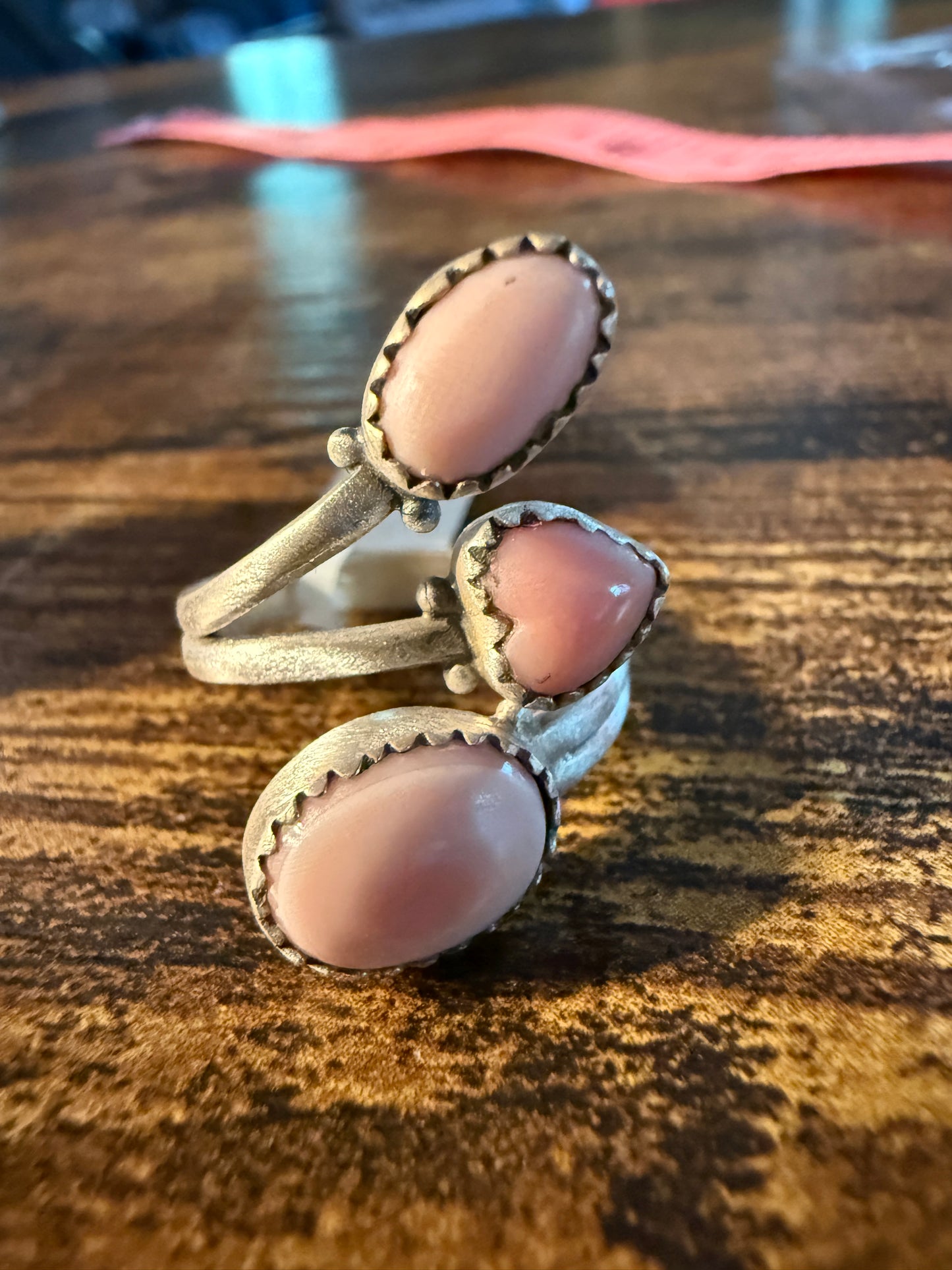 Pink Conch Turquoise Gemstone Ring Sterling Silver Adjustable Wild West Boho