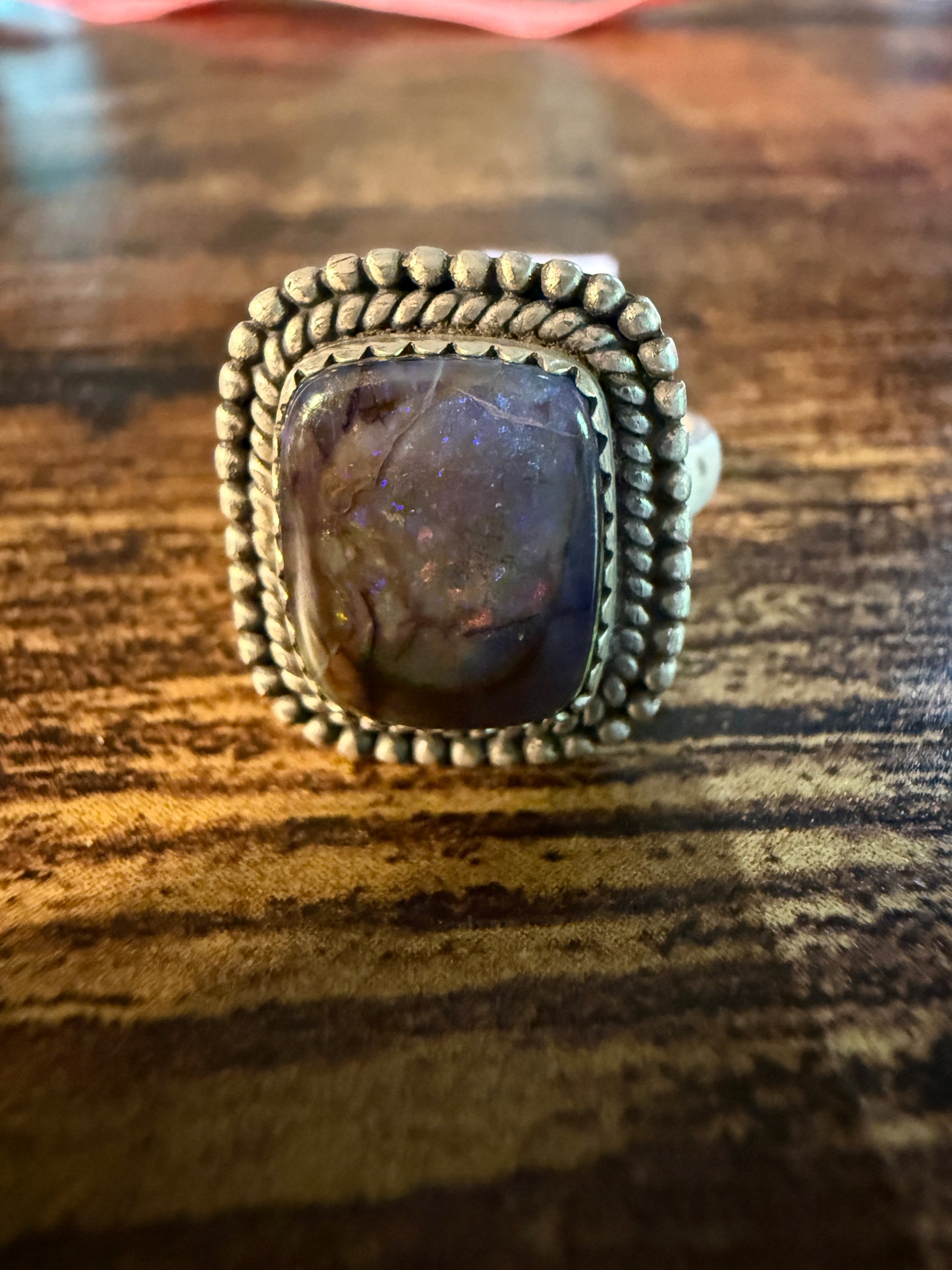 Purple Opal Gemstone Ring, Adjustable, Sterling Silver Wild West Boho