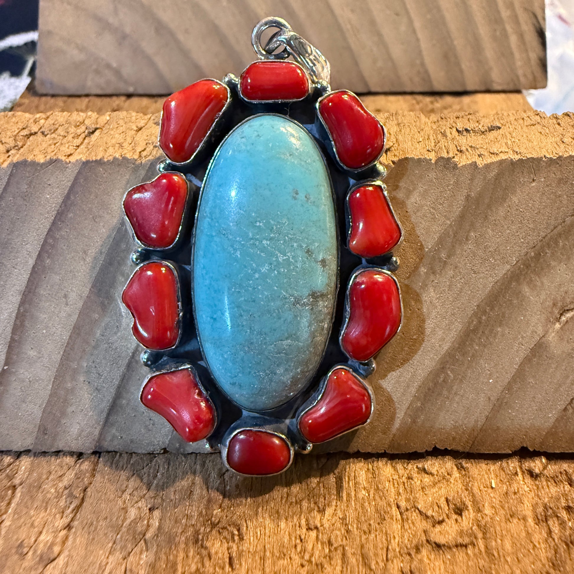 Mediterranean Coral and Turquoise 2.5 Inch Cluster Pendant, Sterling Silver Wild West Boho