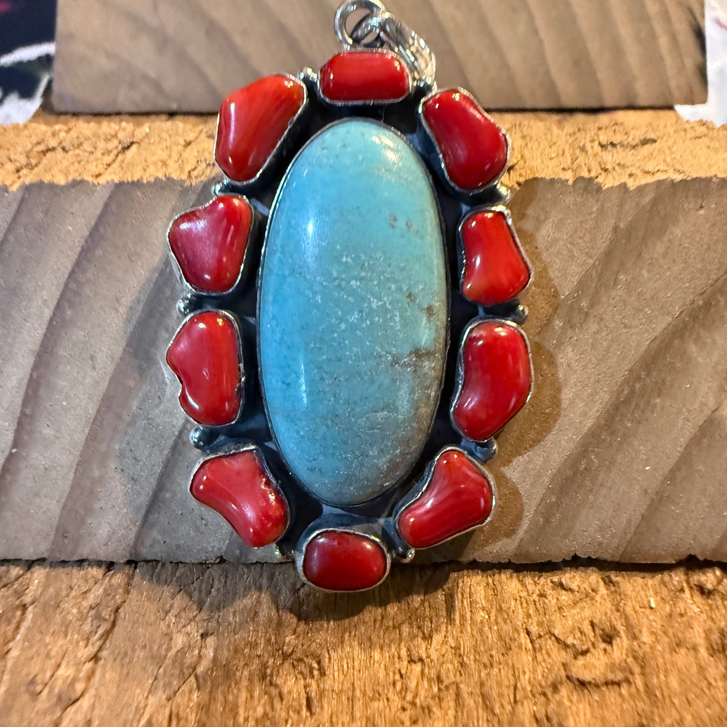 Mediterranean Coral and Turquoise 2.5 Inch Cluster Pendant, Sterling Silver Wild West Boho