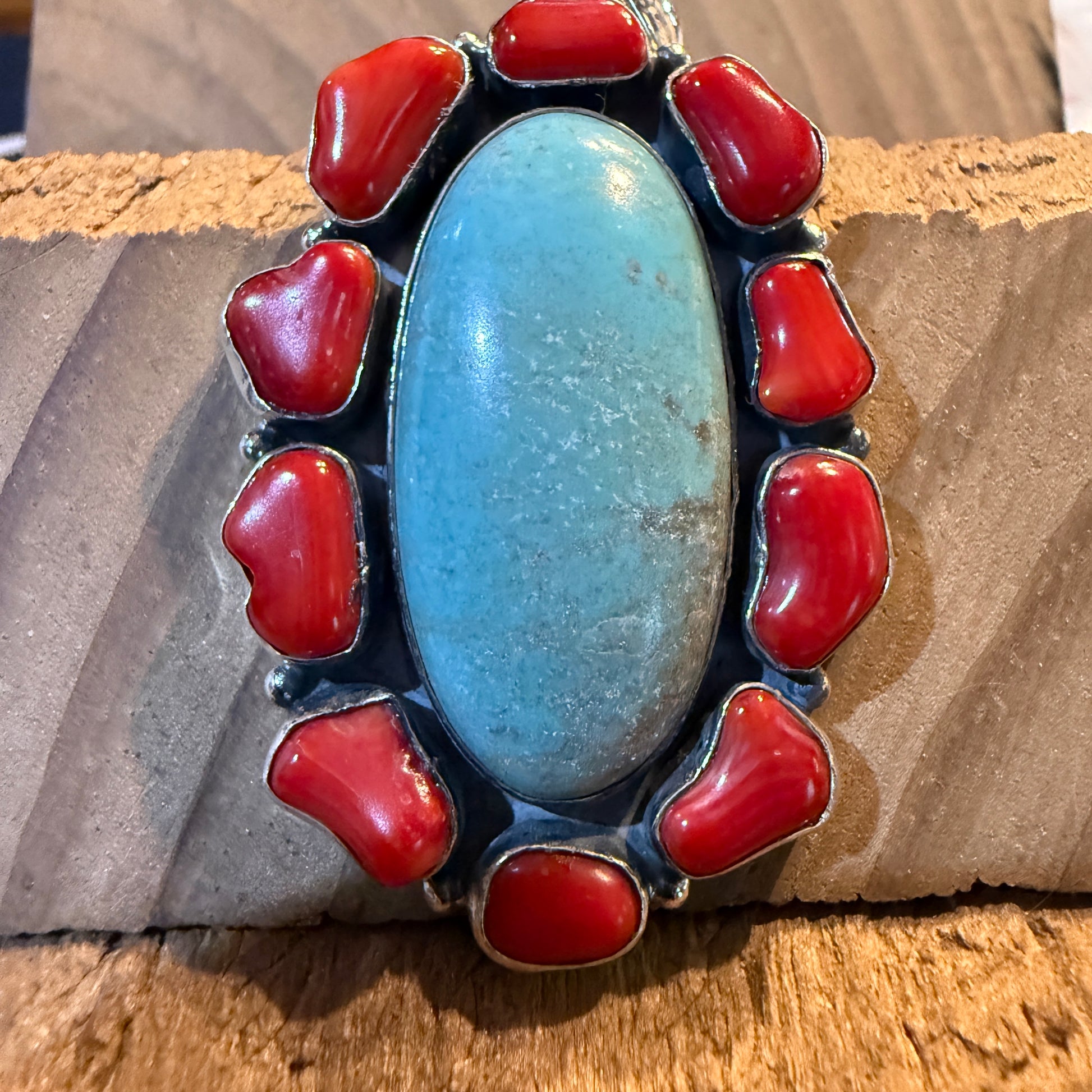 Mediterranean Coral and Turquoise 2.5 Inch Cluster Pendant, Sterling Silver Wild West Boho